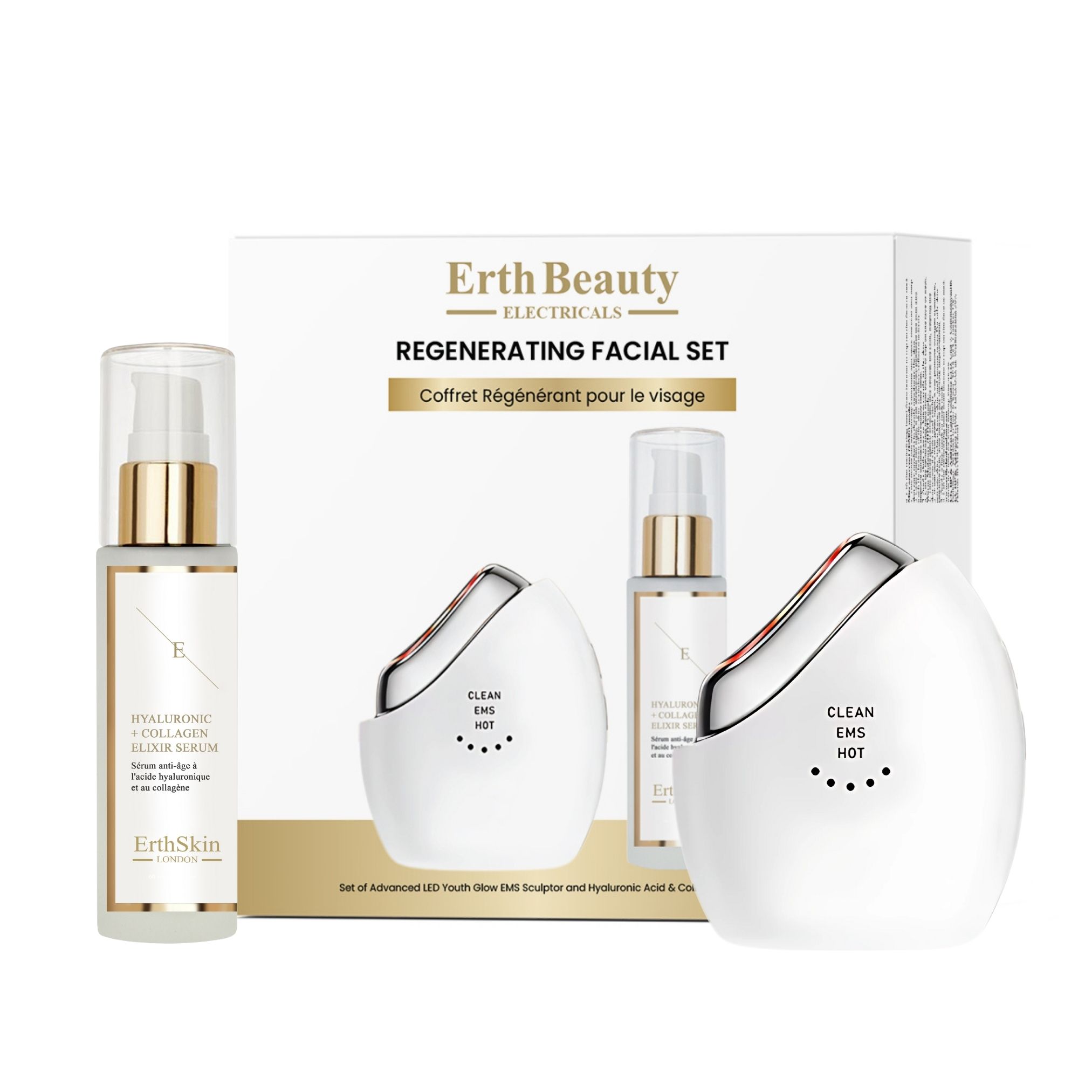 Geschenkbox mit zwei LED Sculptors und zwei Serumflaschen. Text: Erth Beauty, Regenerating Facial Set, Coffret Régénérant pour le visage.