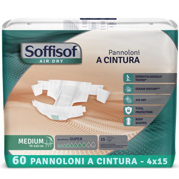 Soffisof Windelpackung, Größe Medium. 60 Windeln. Dermatologisch getestet, Geruchssystem, Air Dry, Total Protection, Body Shaped.
