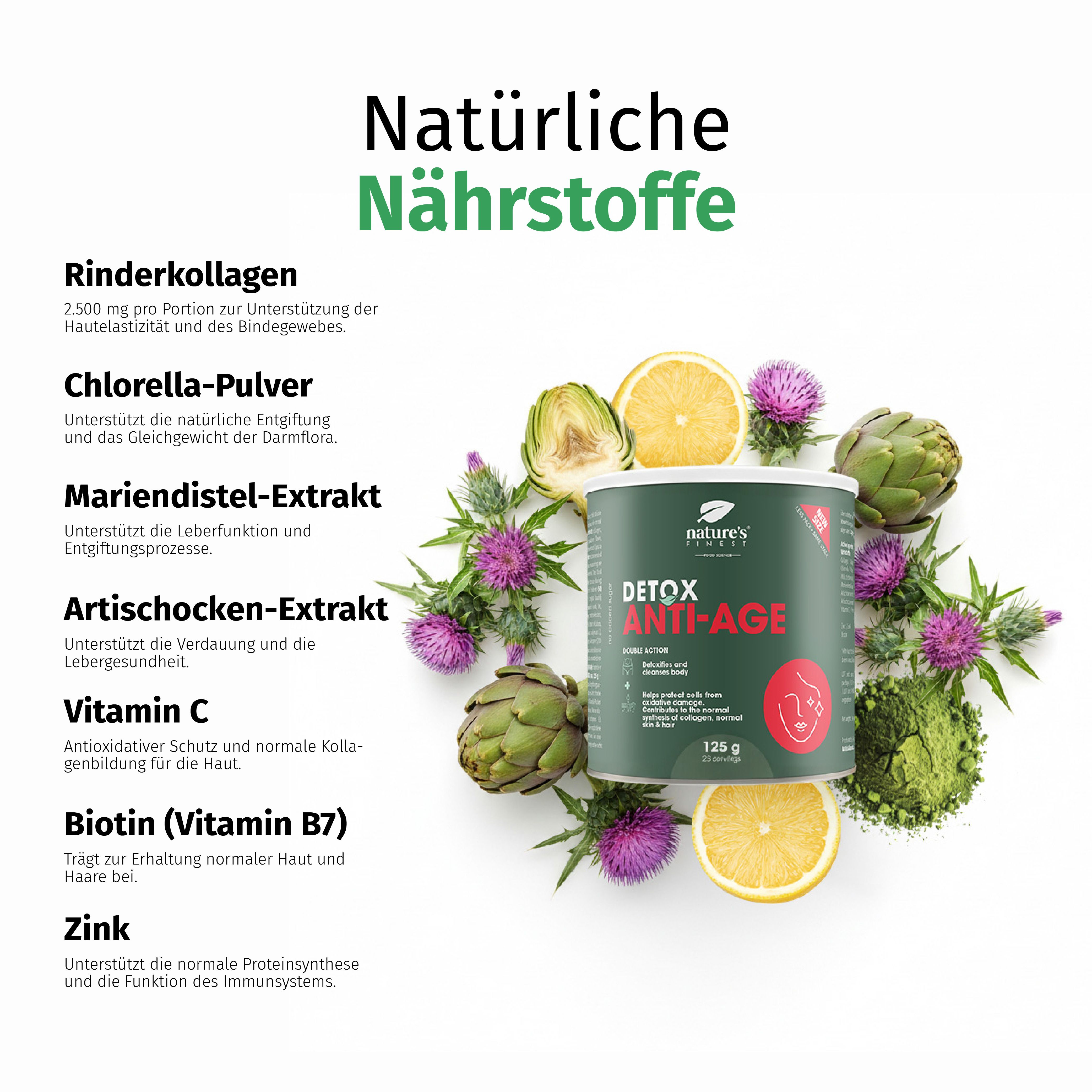 Dose Nature's Finest Detox Anti-Age Pulver umgeben von Zutaten wie Rinderkollagen, Chlorella, Mariendistel und Artischocke.