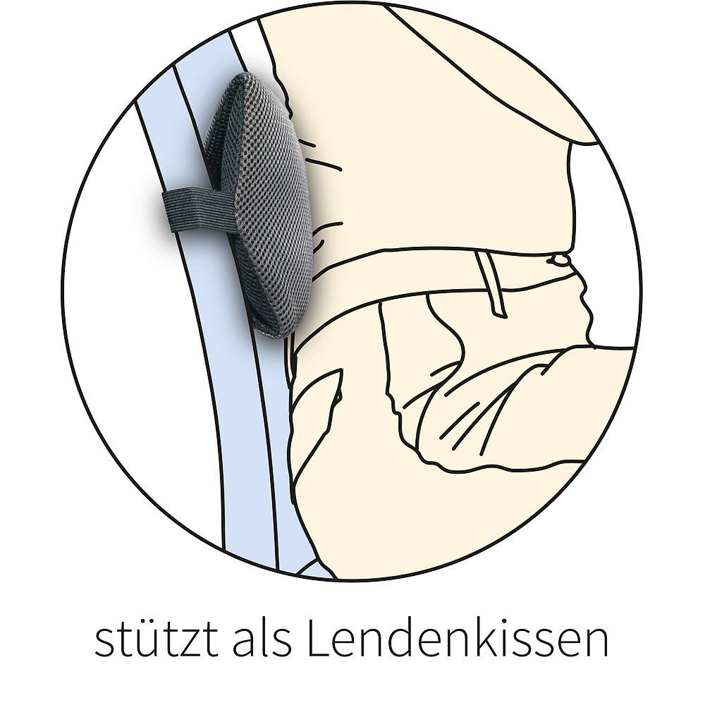 Illustration: Graues Lendenkissen stützt den unteren Rücken einer Person auf einem Stuhl.