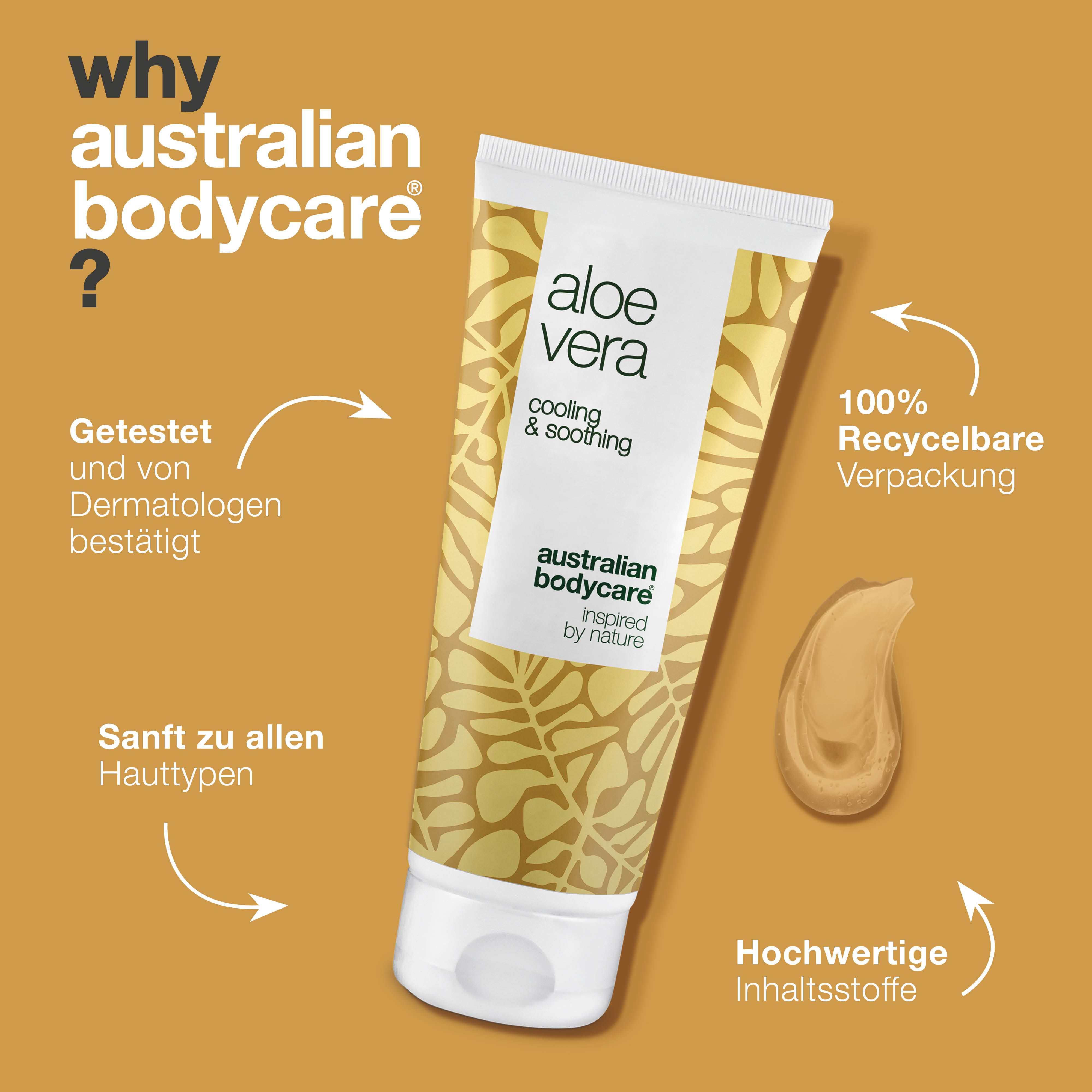 Aloe Vera Gel, Text: cooling & soothing, Australian Bodycare. Vorteile: dermatologisch getestet, sanft.