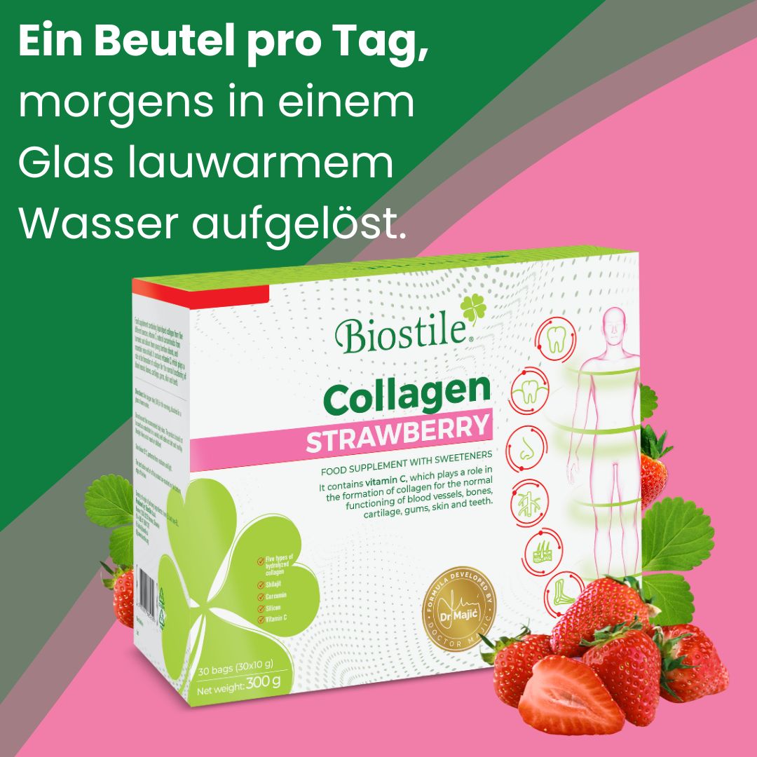 Biostile Collagen Strawberry Verpackung mit Anleitung: Ein Beutel pro Tag in Wasser auflösen.