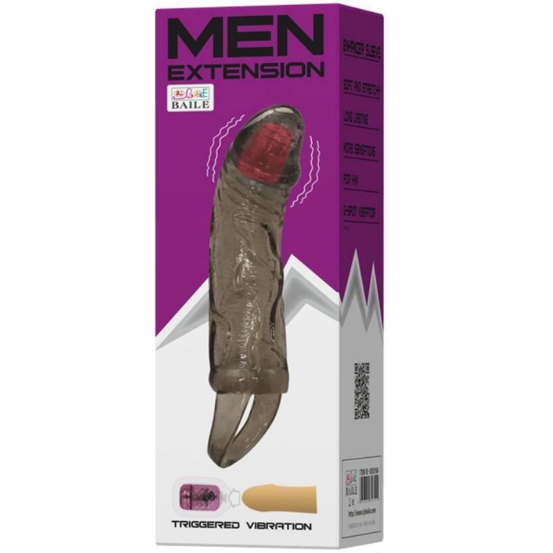 Verpackung mit Penisverlängerungshülle. Produktname: MEN EXTENSION. Marke: Baile. Mit Vibrationsfunktion.