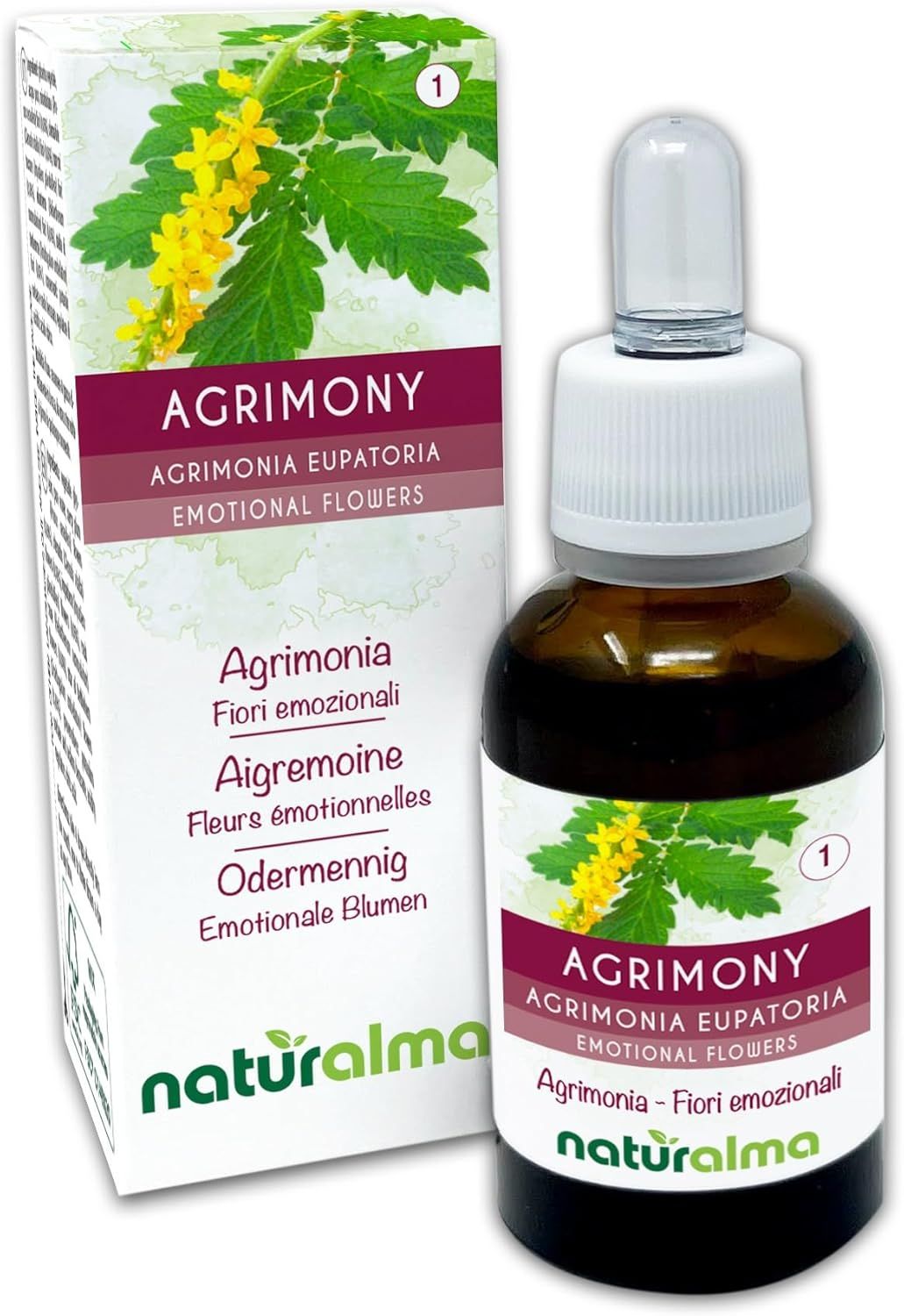 Braune Glasflasche mit weißem Verschluss und Tropfer. Daneben eine Schachtel mit floralem Design und Produktinformationen.