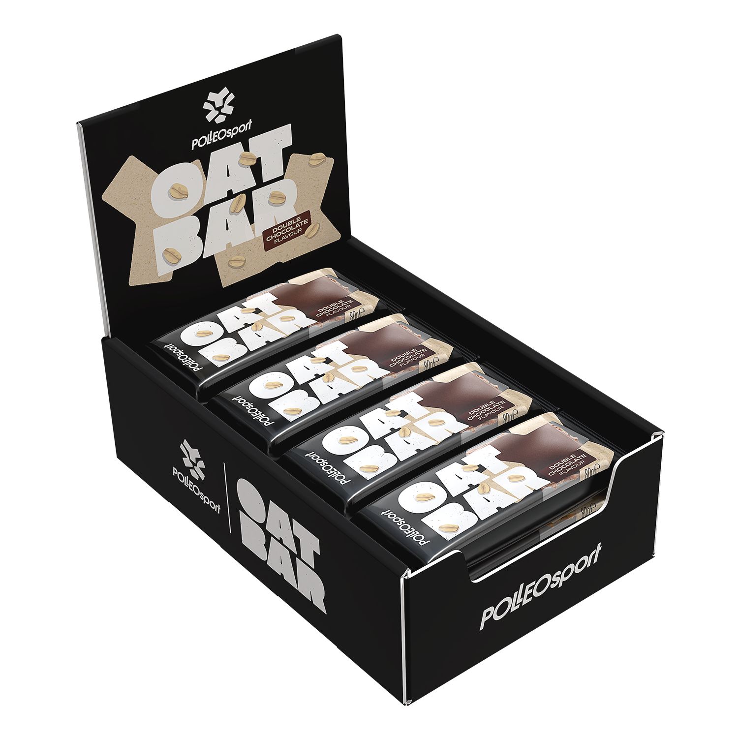 Schwarzer Karton mit Polleo Oat Bar Riegeln. Aufschrift Oat Bar und PolleoSport. Riegel mit Schokoladen-Geschmack.