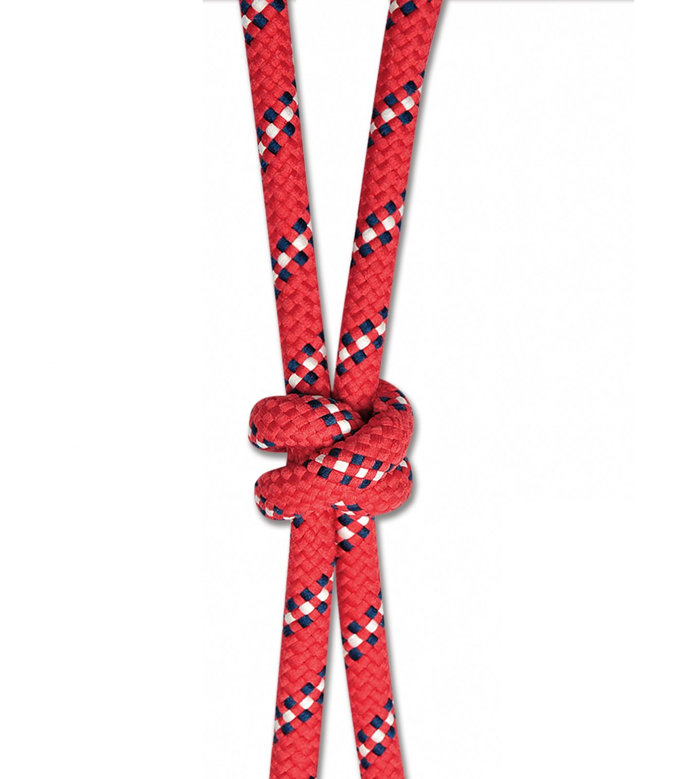 Rotes Knotenhalfter mit weiß-blauem Muster. Das Seil ist geknotet.