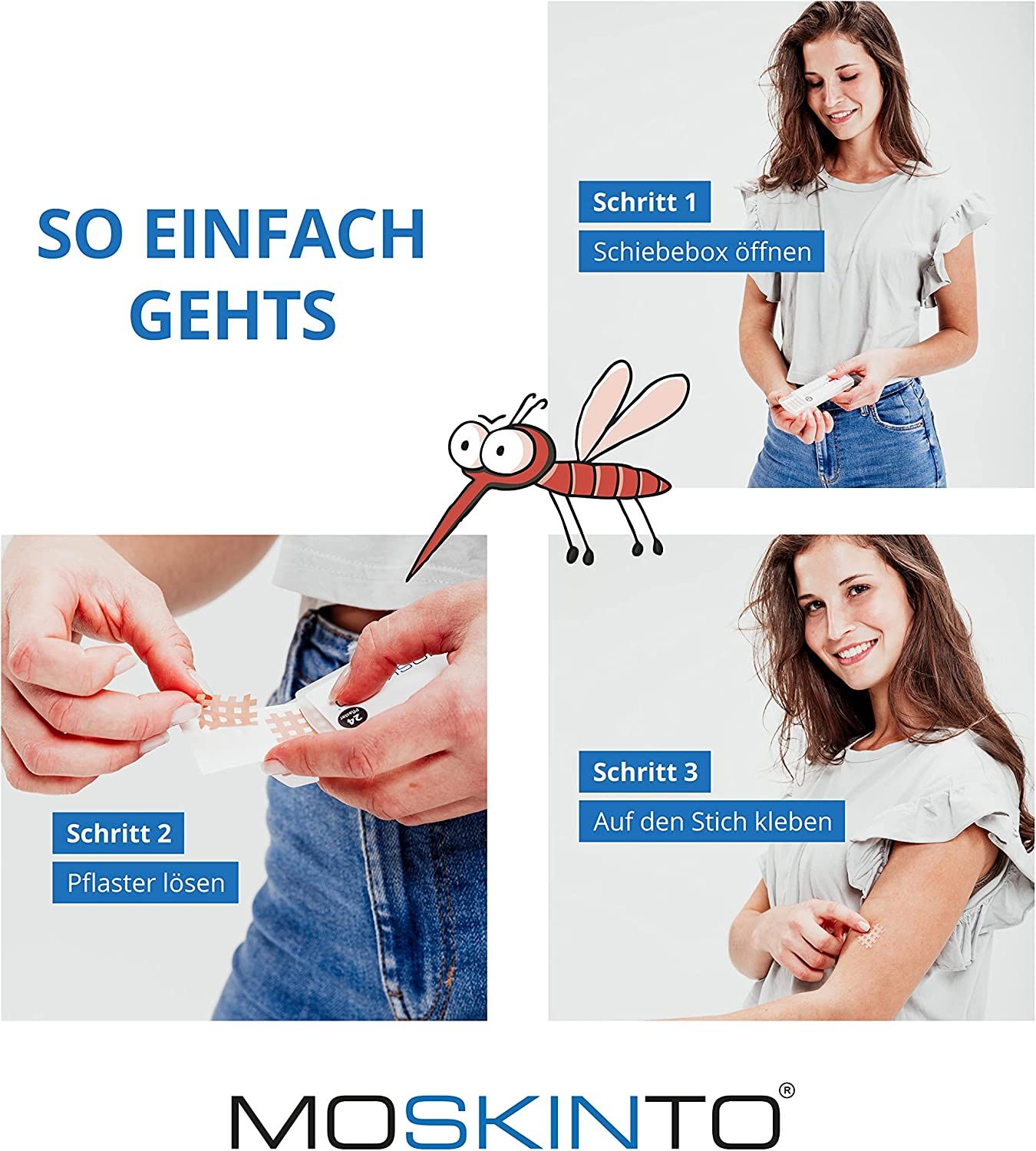 Anleitung zur Anwendung von MOSKINTO Pflastern. Schritte: Öffnen, Pflaster lösen, auf den Stich kleben. Logo mit Mücke.