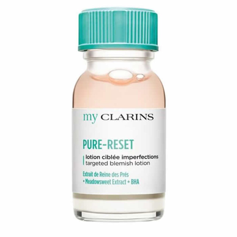 Kleine Flasche my CLARINS Pure-Reset Lotion mit türkisem Deckel. Produktetikett mit Logo und Produktnamen. Flüssigkeit sichtbar.