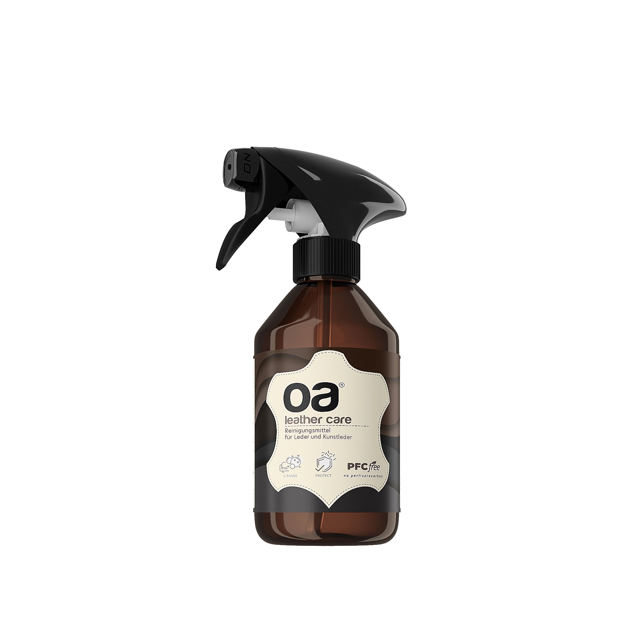 Braune Flasche mit schwarzem Sprühkopf. Aufschrift "oa leather care".