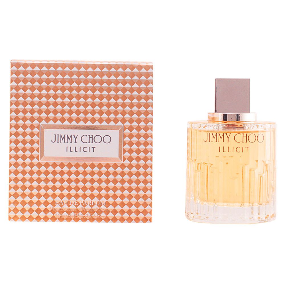 Parfümflasche und Verpackung. Aufschrift: Jimmy Choo Illicit. Quadratische Verpackung mit Muster.