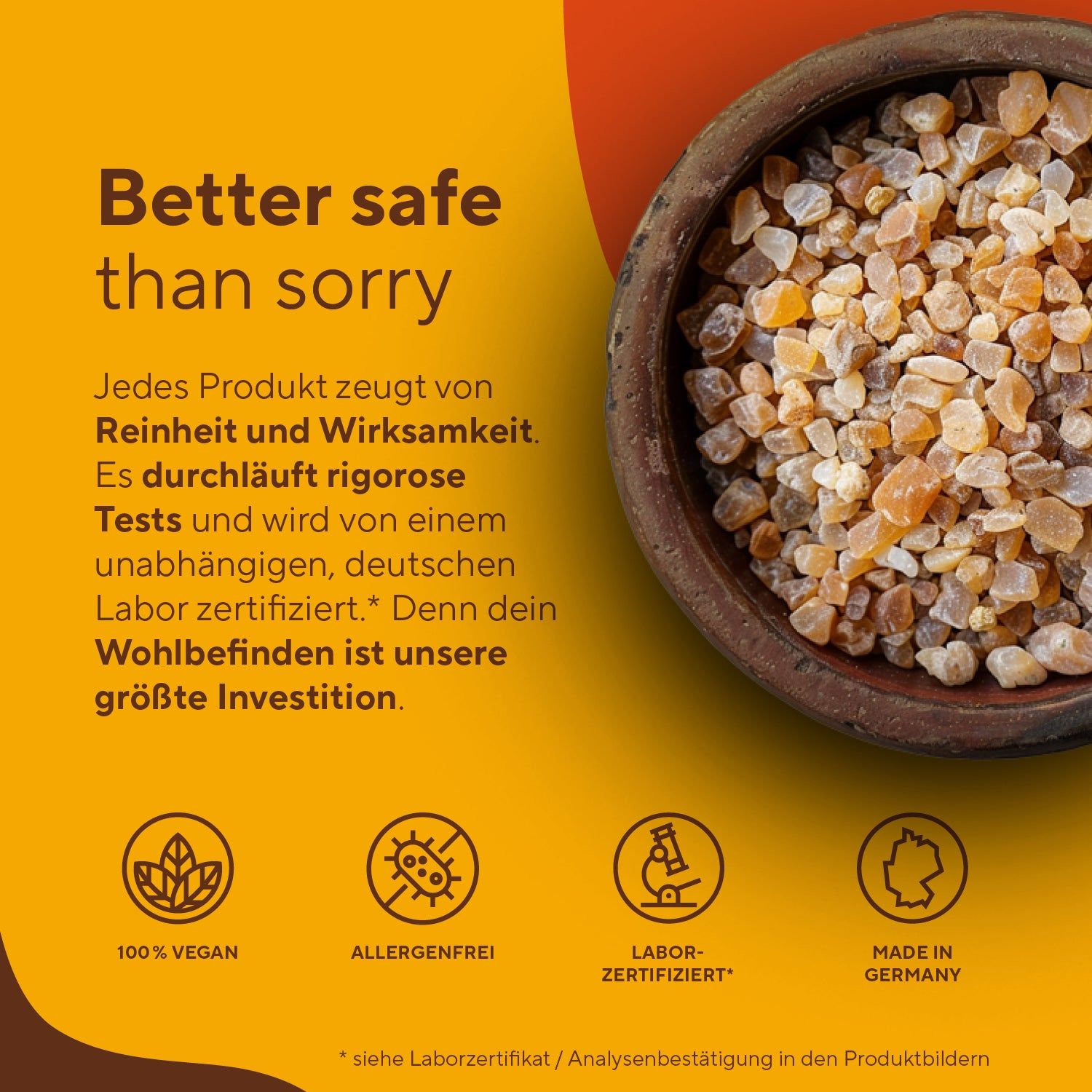 Braune Schale mit Harz. Text: 100% vegan, allergenfrei, Labor-zertifiziert, Made in Germany.