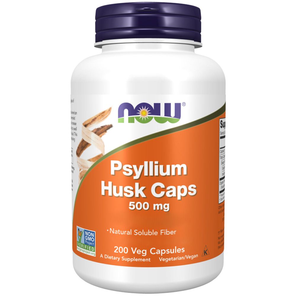Weiße Flasche mit blauem Deckel. Aufschrift: NOW, Psyllium Husk Caps 500 mg. 200 Veg Capsules. Mit Zertifizierungen.