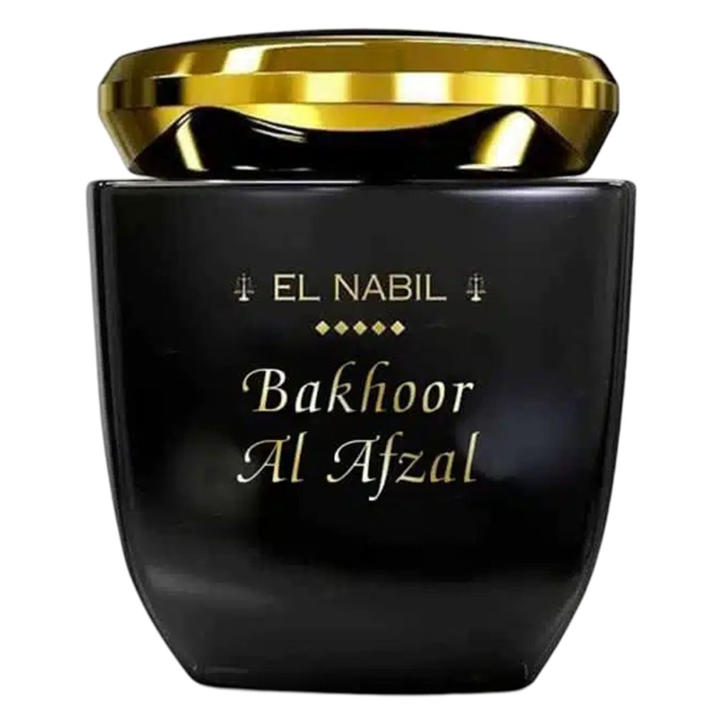 Schwarzes Glasgefäß mit goldenem Deckel. Beschriftung: EL Nabil, Bakhoor Al Afzal.
