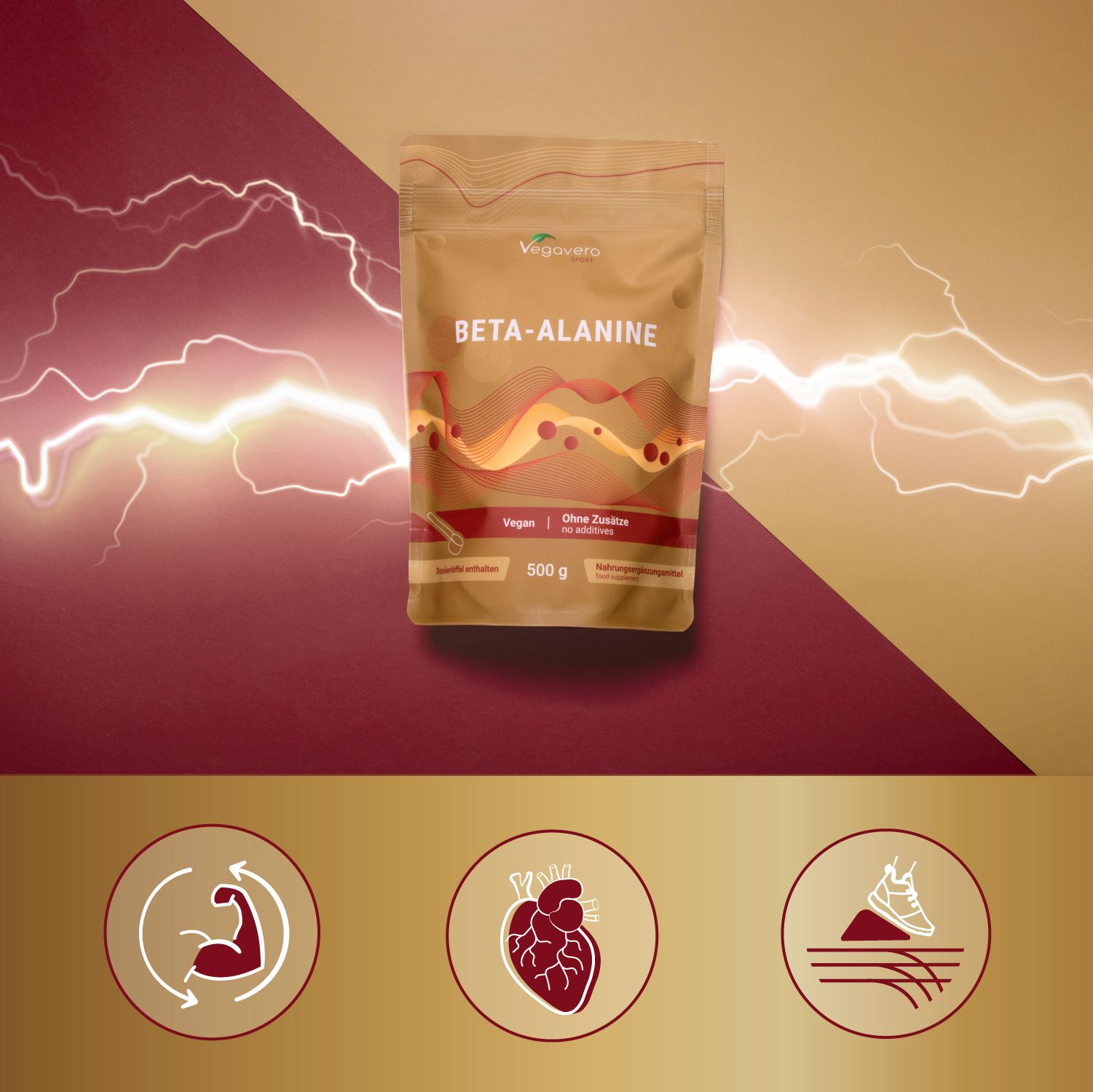 Produktverpackung mit BETA-ALANINE. Vegan, ohne Zusätze, 500g. Grafiken: Muskel, Herz, Laufschuh. Hintergrund mit Blitz.