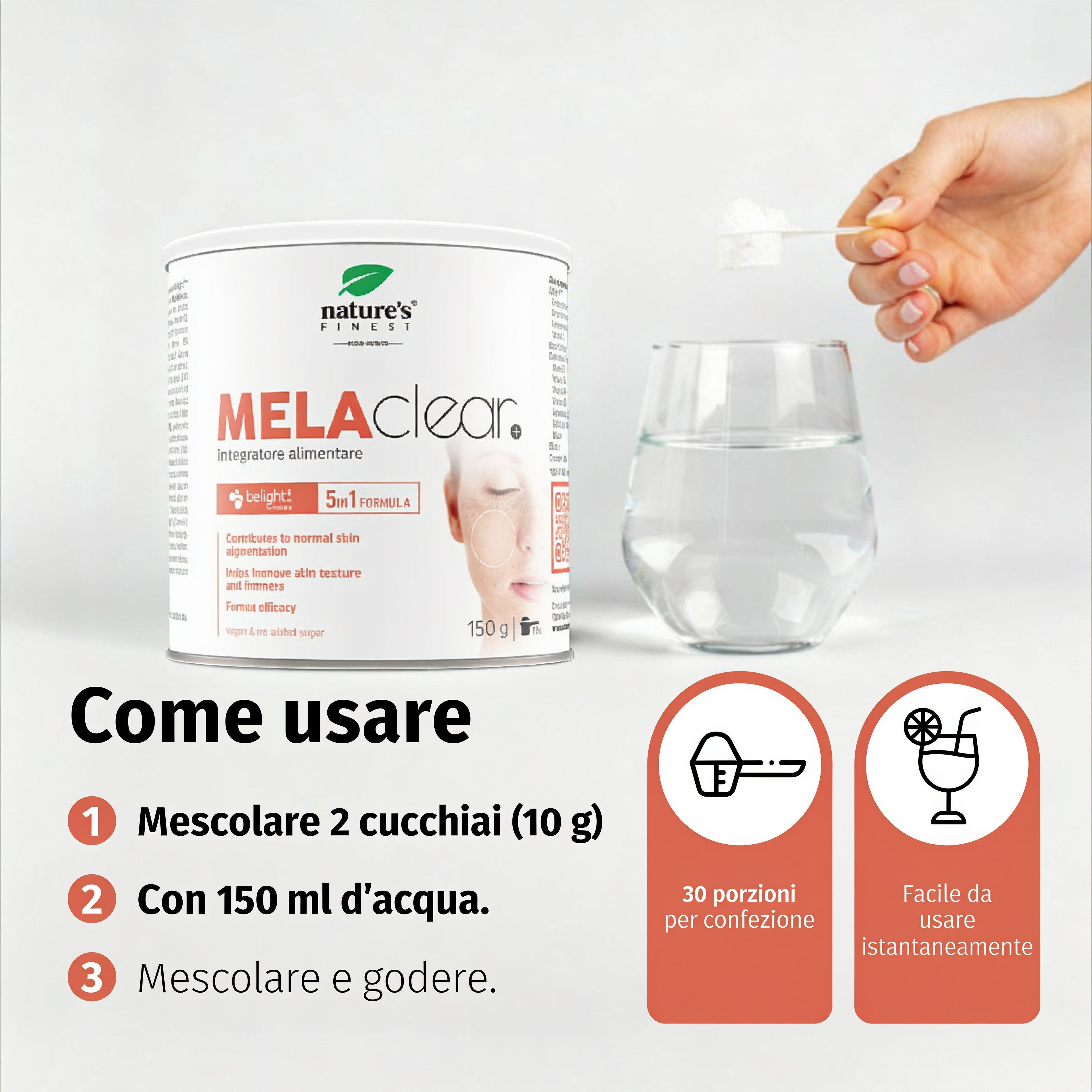 Dose MELAclear+ neben Glas Wasser. Löffel mit Pulver wird hinzugefügt. Anwendungshinweise: 2 Löffel mit 150ml Wasser mischen.