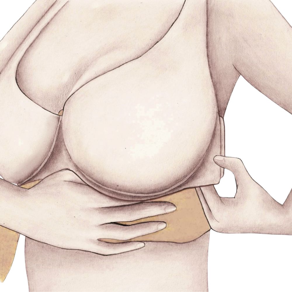 Illustration: Person positioniert Schweißschutz unter BH. Beige Band unter Brust, zwischen BH und Haut. Hände halten BH und Band.