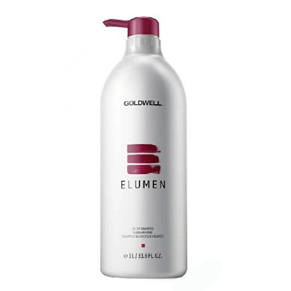 Weißer Shampoo-Behälter mit Pumpe. Roter Pumpkopf. Goldwell-Logo und Elumen-Schriftzug. 1L/33.8 fl.oz.