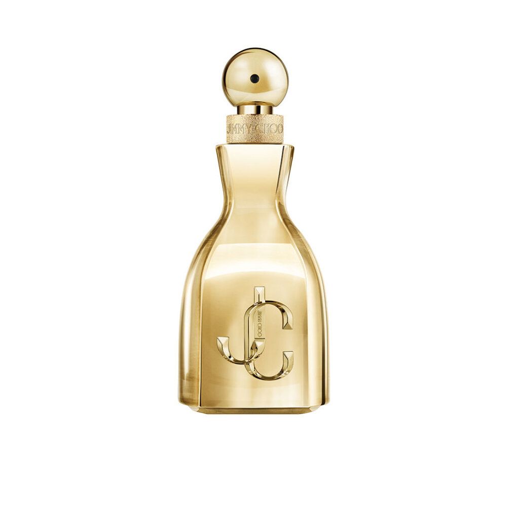 Goldfarbene Parfümflasche mit rundem Verschluss und Logo. Flasche hat eine bauchige Form mit einem goldenen Logo.