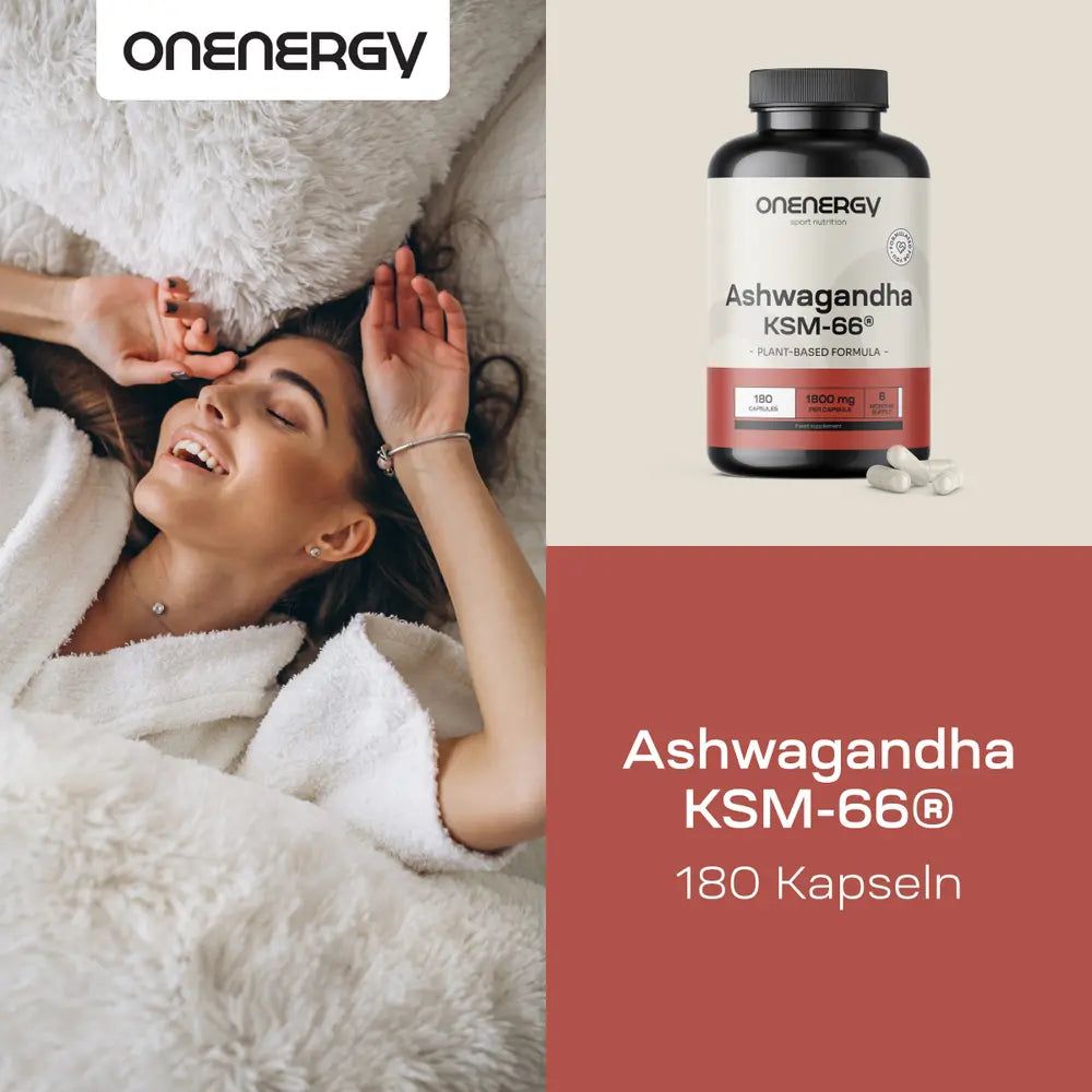 Flasche OnEnergy Ashwagandha KSM-66® (180 Kapseln) mit Ashwagandha-Zweig und Beeren.