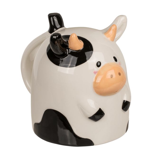 Weiß-schwarze Kuh-Tasse. Mit Ohren, Hörnern und schwarzen Flecken. Beige Nase.
