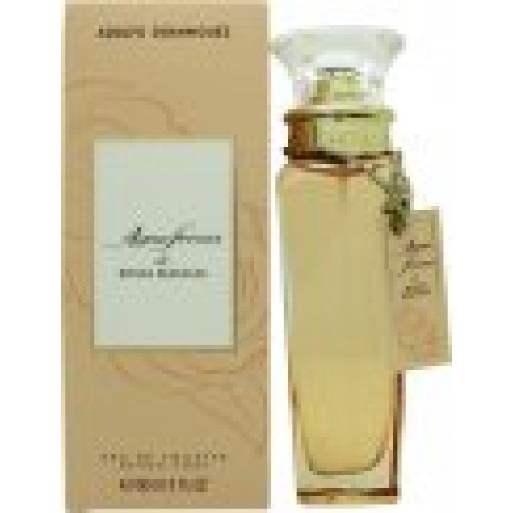 Parfümflasche und Karton. Flasche mit goldfarbenem Verschluss und Anhänger. Karton mit Produktnamen und Rosenmotiv.