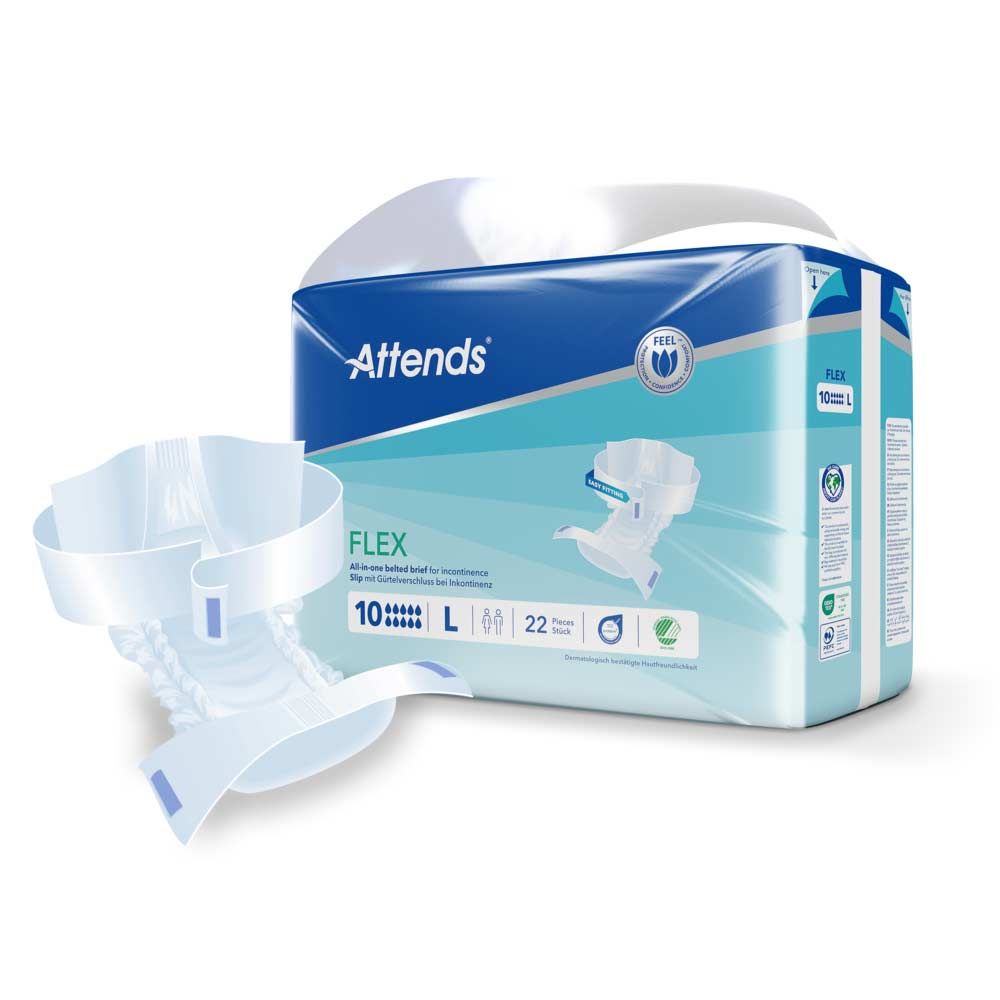 Attends Flex 10 L. Geöffnete Verpackung mit Inkontinenzprodukt. Blau-weiße Verpackung mit Produkt und Logo. Produkt daneben.