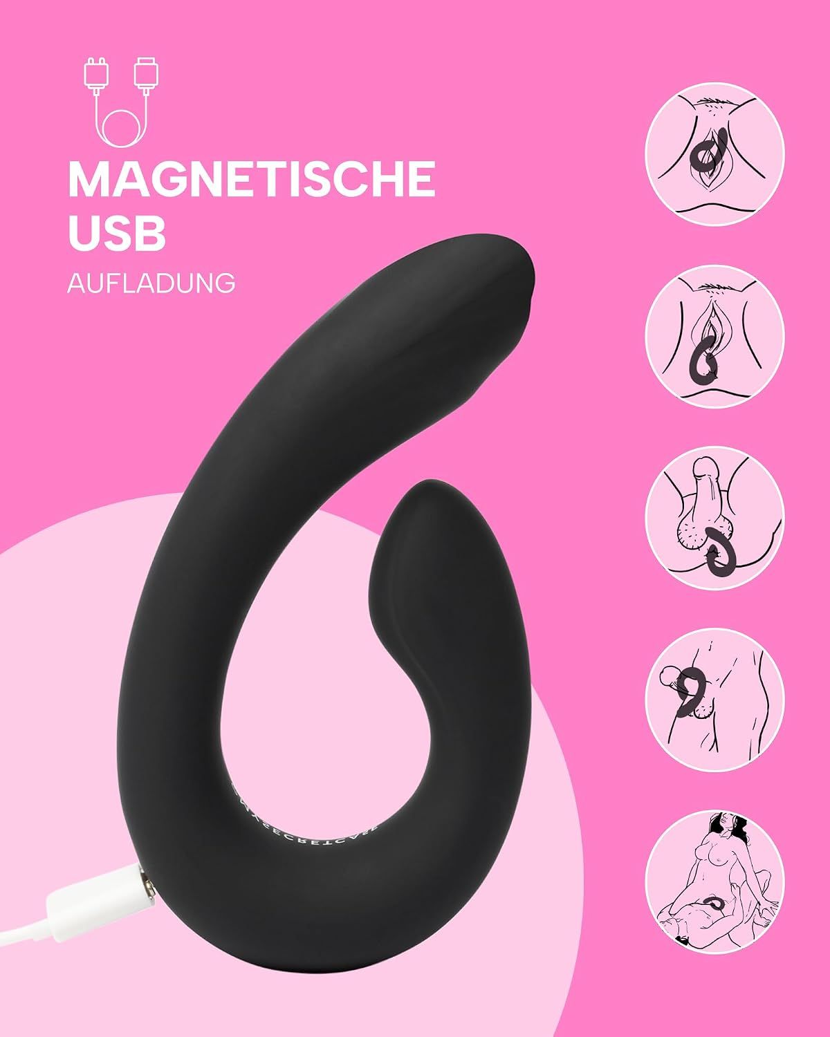 Schwarzer Vibrator mit magnetischer USB-Aufladung und Anwendungssymbolen.