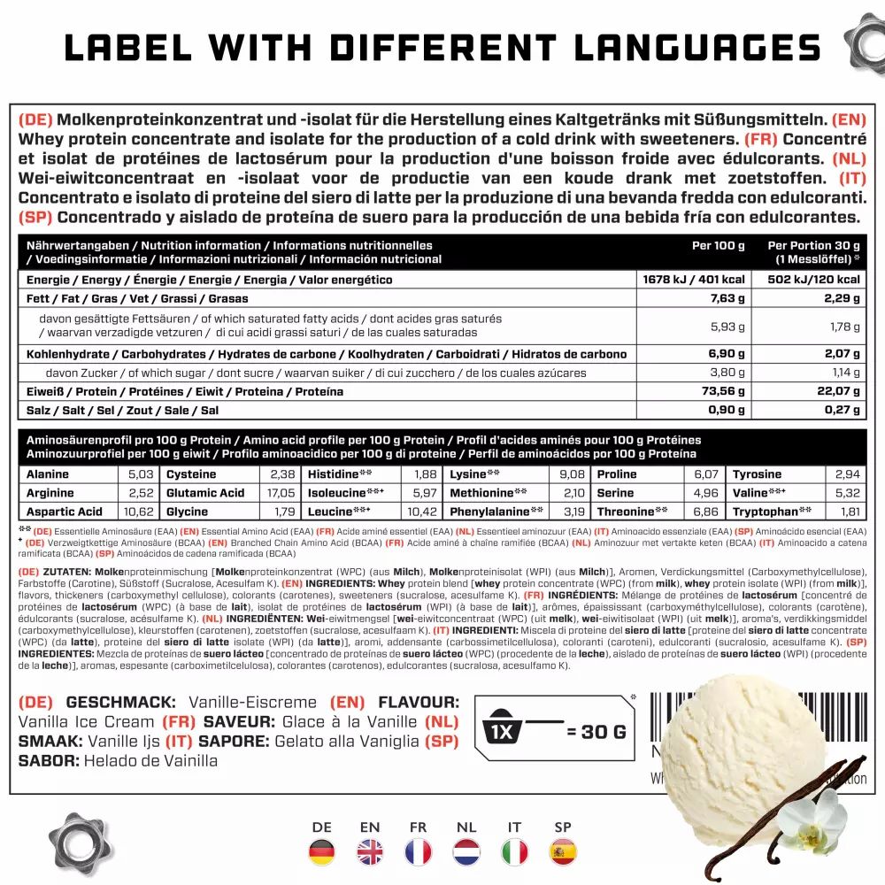 Etikett mit Nährwertangaben in verschiedenen Sprachen. Enthält Informationen zu Inhaltsstoffen, Nährwerten und Aminosäurenprofil.