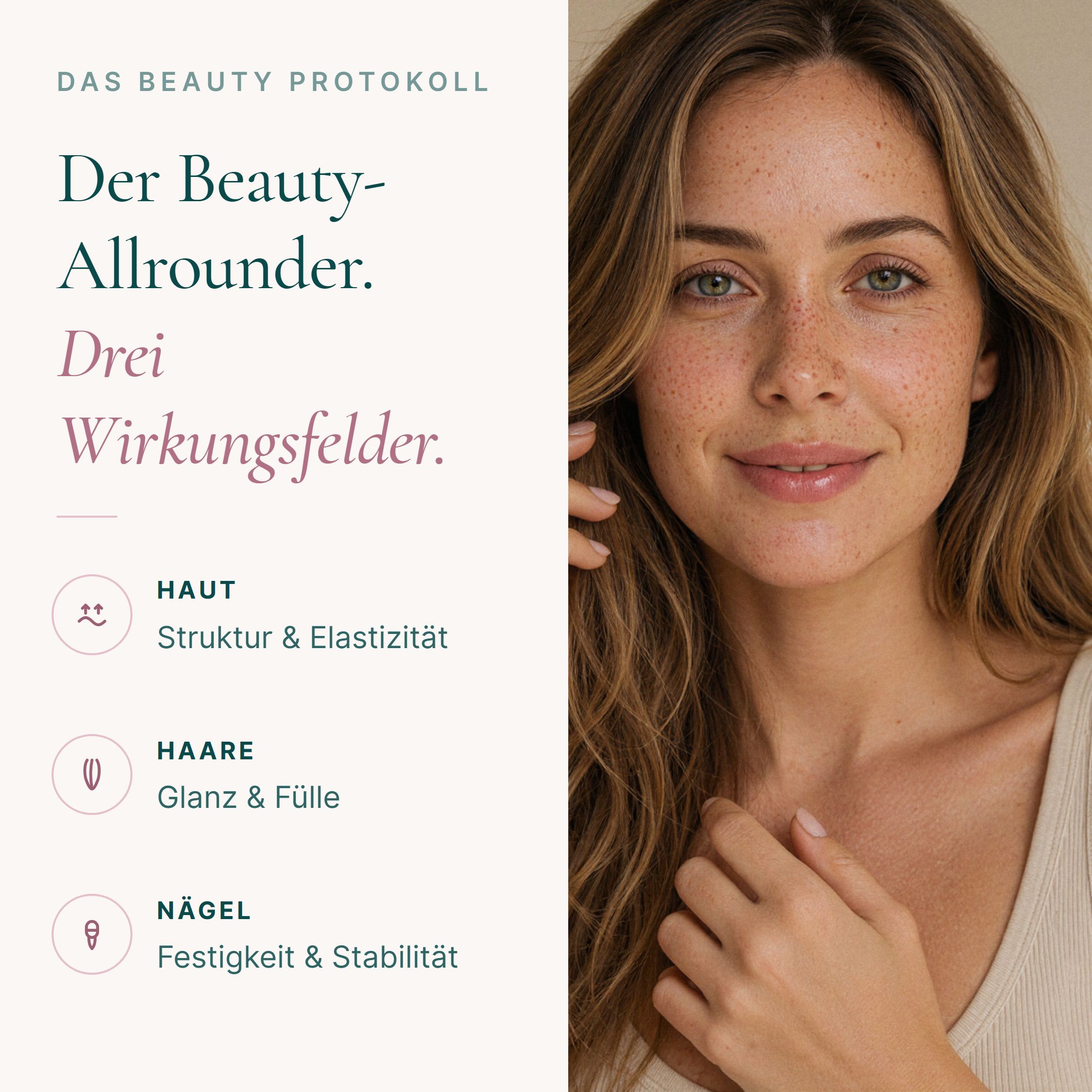 Porträt einer Frau mit Sommersprossen, neben Text über Haut-, Haar- und Nagelgesundheit.
