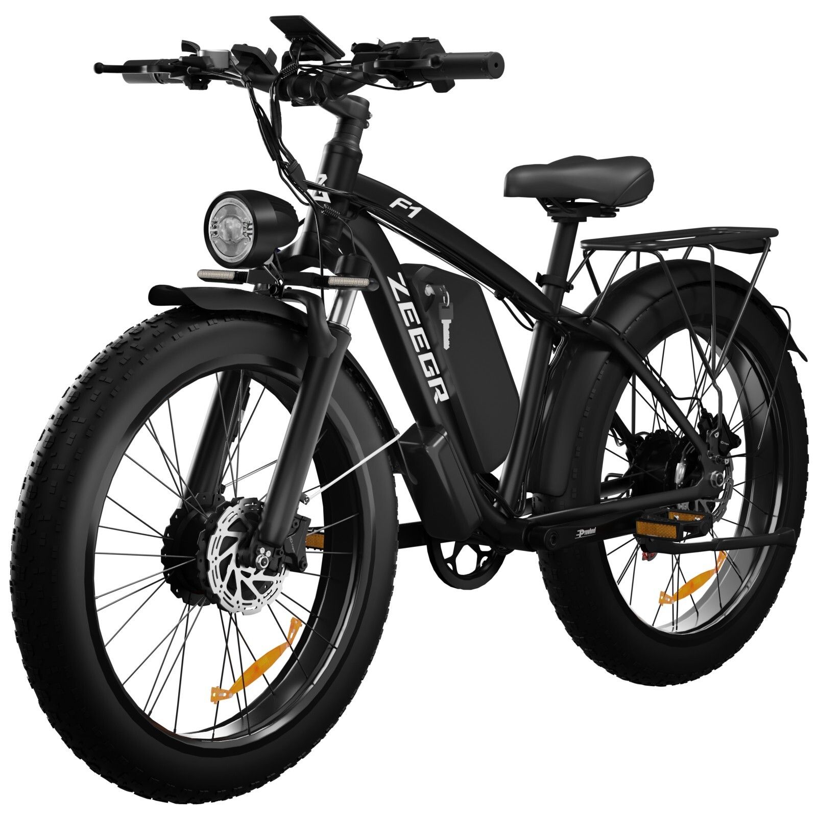 Schwarzes Elektrofahrrad mit breiten Reifen, Gepäckträger und Scheinwerfer. Akku am Rahmen. "ZEEGR"-Logo.