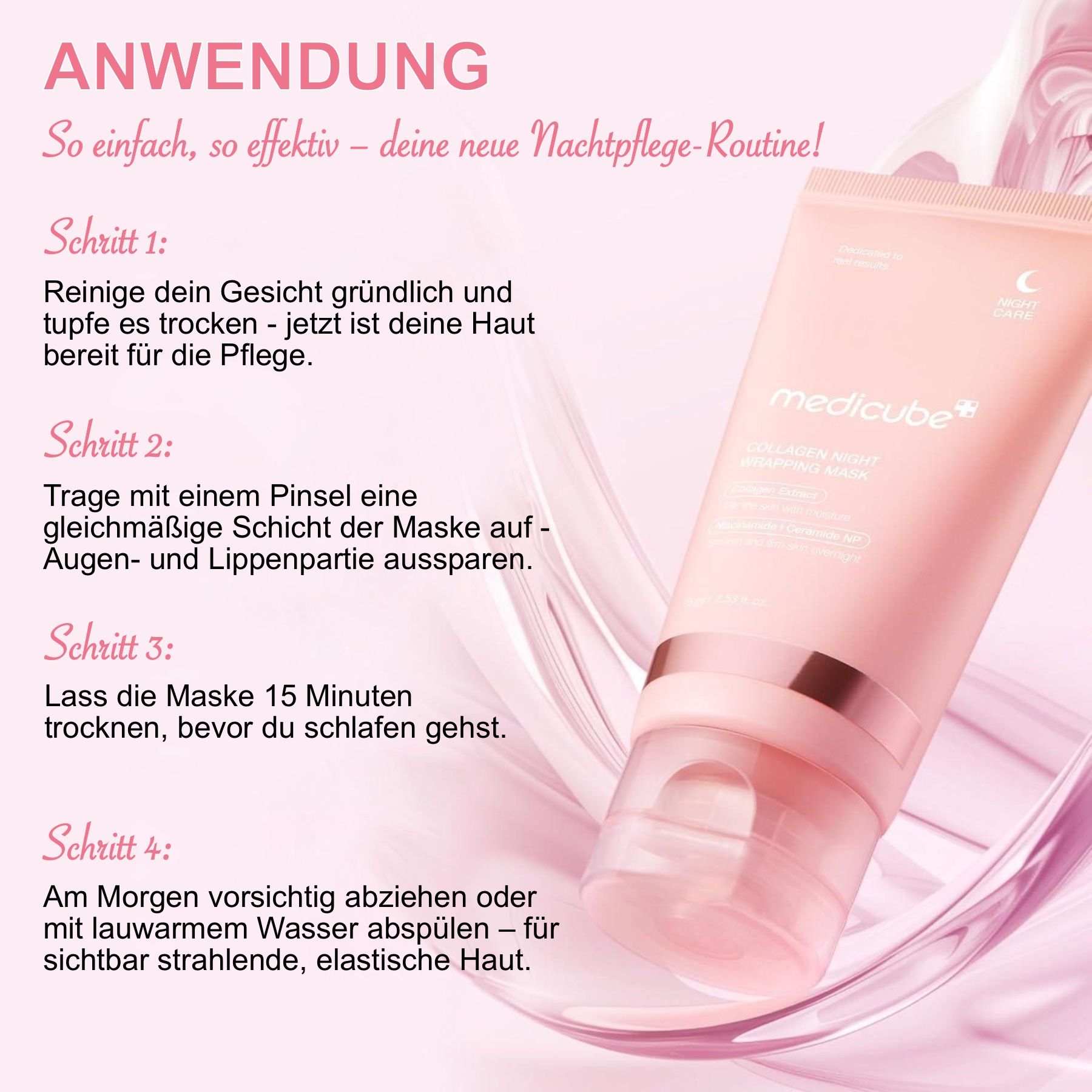 Anwendungsschritte der Medicube Collagen Night Wrapping Mask. Schritte 1-4. Abgebildet: Tube, Pinsel. Text: Reinigen, auftragen, trocknen lassen, abziehen.