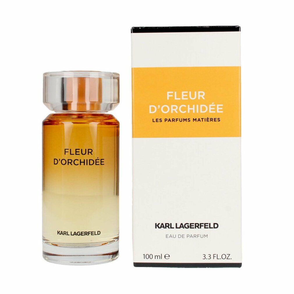 Fleur d'Orchidée Eau de Parfum Spray, Flakon und Verpackung. Aufschrift: Karl Lagerfeld, Fleur d'Orchidée, Eau de Parfum, 100 ml.