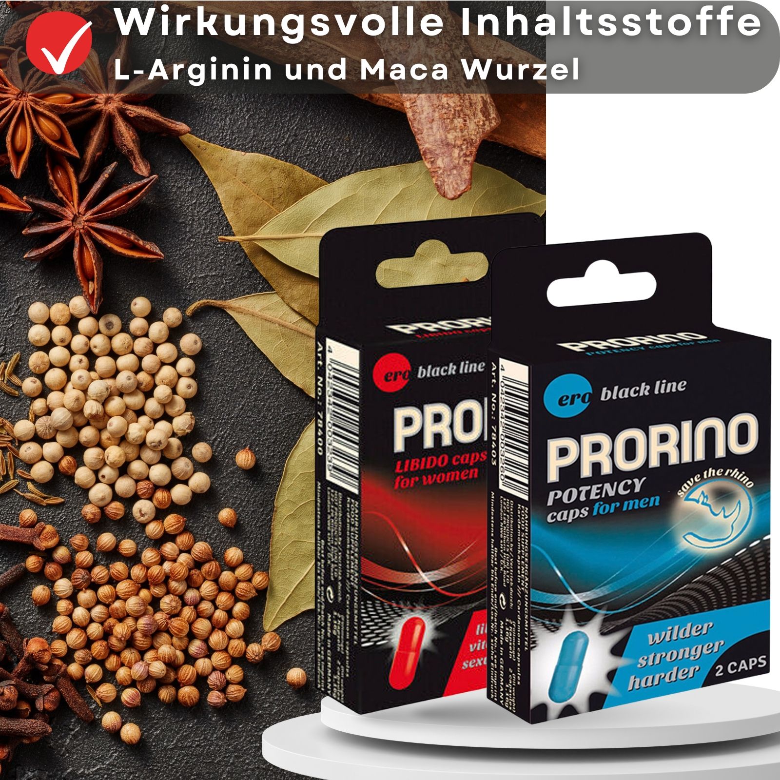Zwei Schachteln mit Kapseln. Text: Wirkungsvolle Inhaltsstoffe L-Arginin und Maca Wurzel. Aufschrift: Prorino, Libido Caps for women, Potency Caps for men.