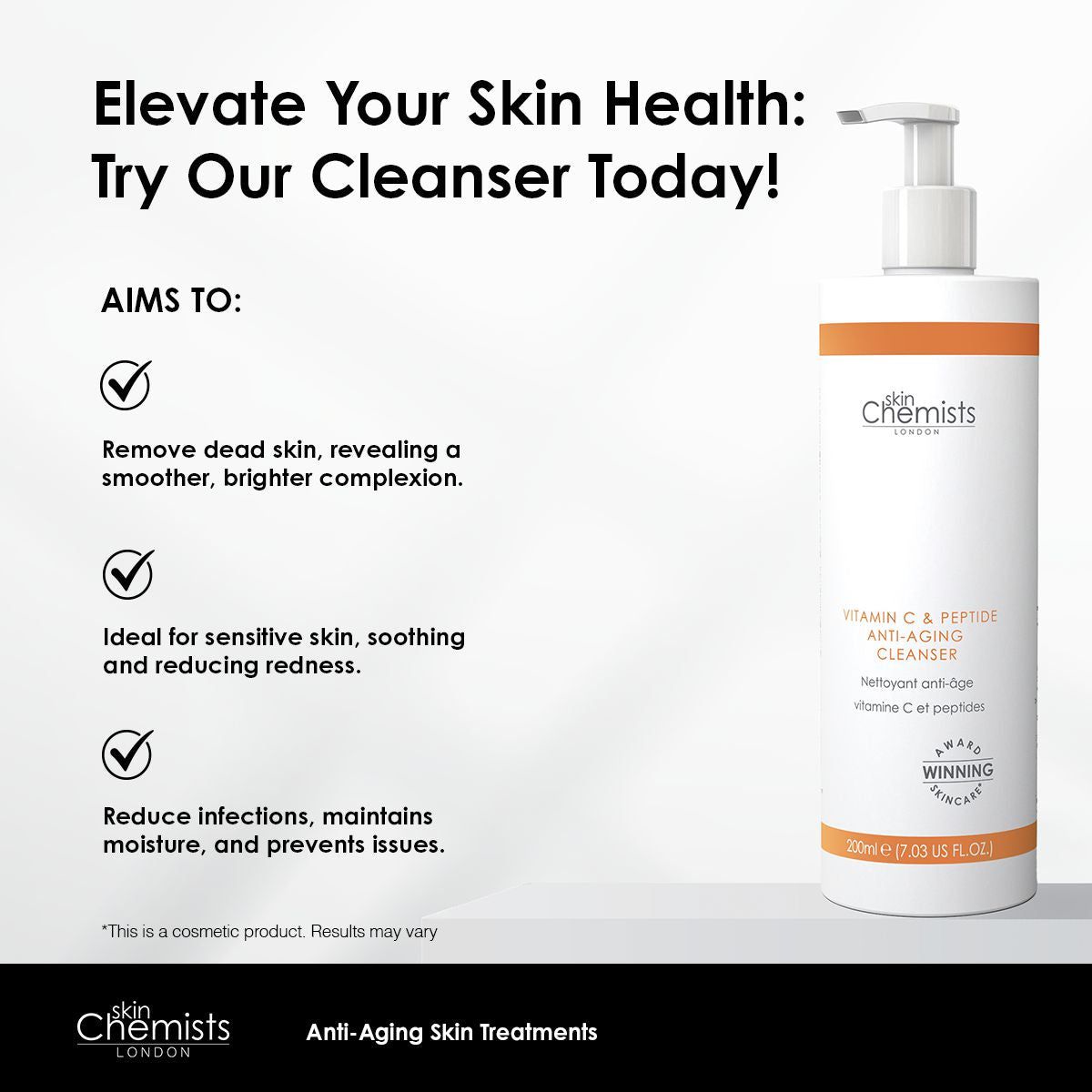 Produktflakon mit Text: skinChemists, Vitamin C & Peptide Anti-Aging Cleanser. Vorteile des Produkts. Check-Symbole.