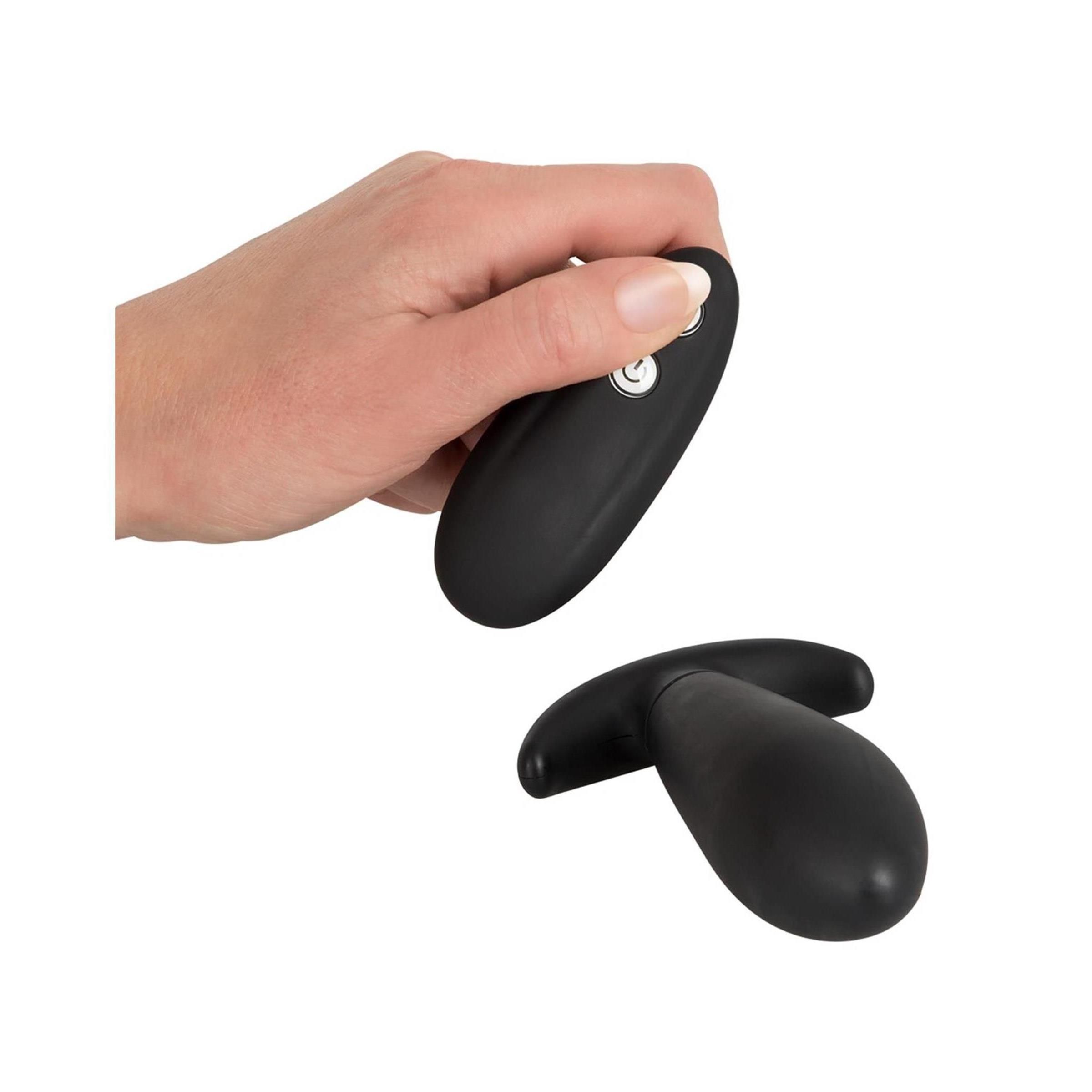 Hand hält Fernbedienung und Anus-Plug. Der Plug hat eine gebogene Form mit einem Griff. Der Hintergrund ist weiß.