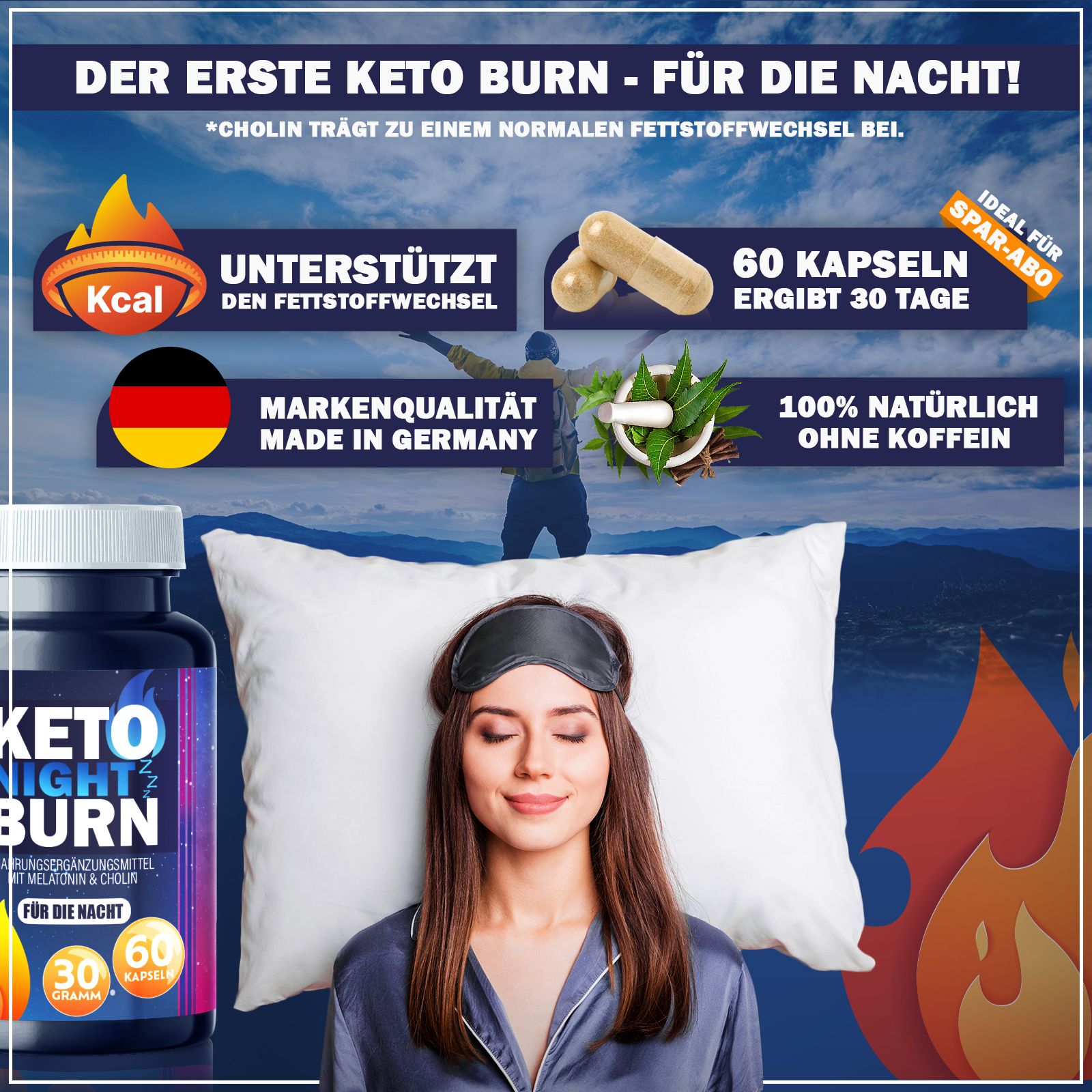Werbebild. Flasche KETO NIGHT BURN, Kapseln, Kissen, Frau mit Schlafmaske. Text: Der erste Keto Burn - für die Nacht!