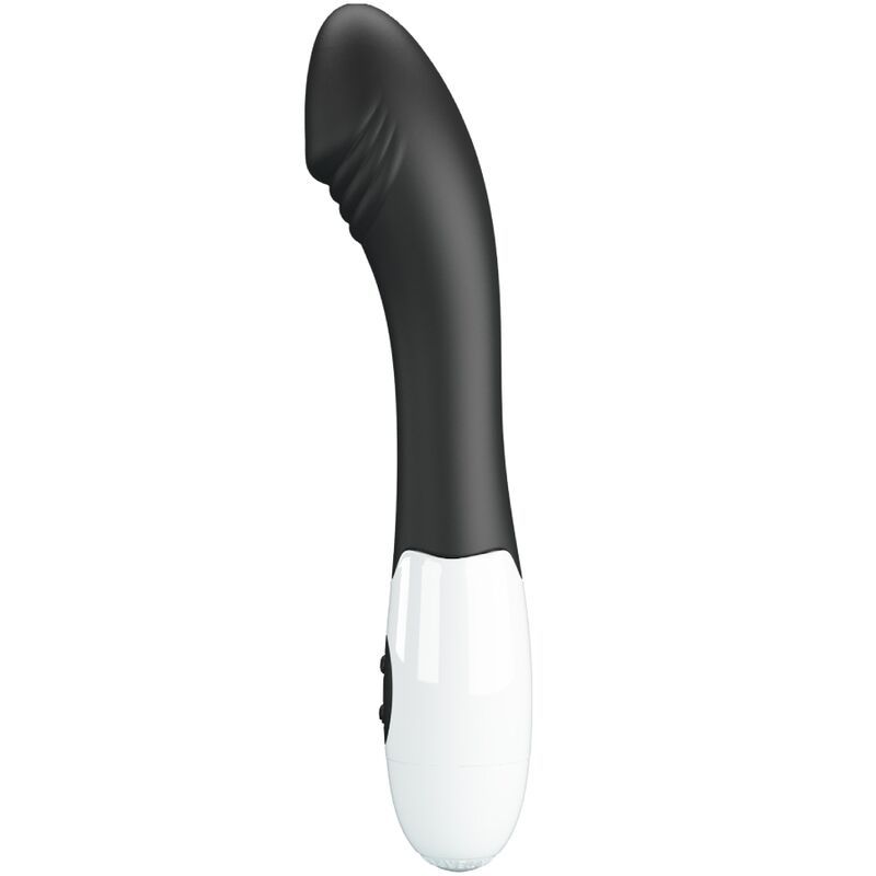 Schwarzer G-Punkt-Vibrator mit weißem Griff und zwei Bedientasten.