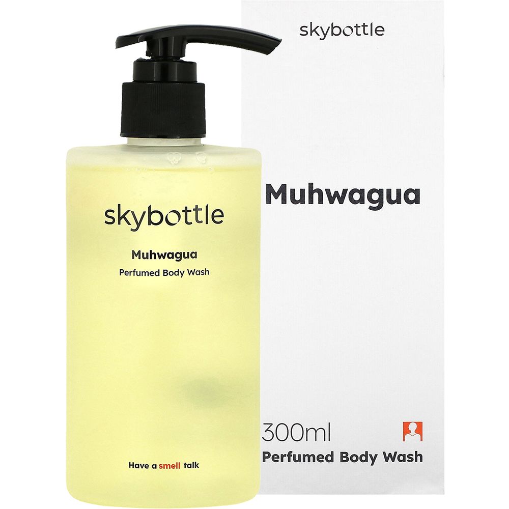 Eine Flasche SKYBOTTLE Muhwagua Duschgel und eine weiße Verpackung. Aufschrift: Muhwagua, Perfumed Body Wash, 300ml. Slogan: Have a smell talk.