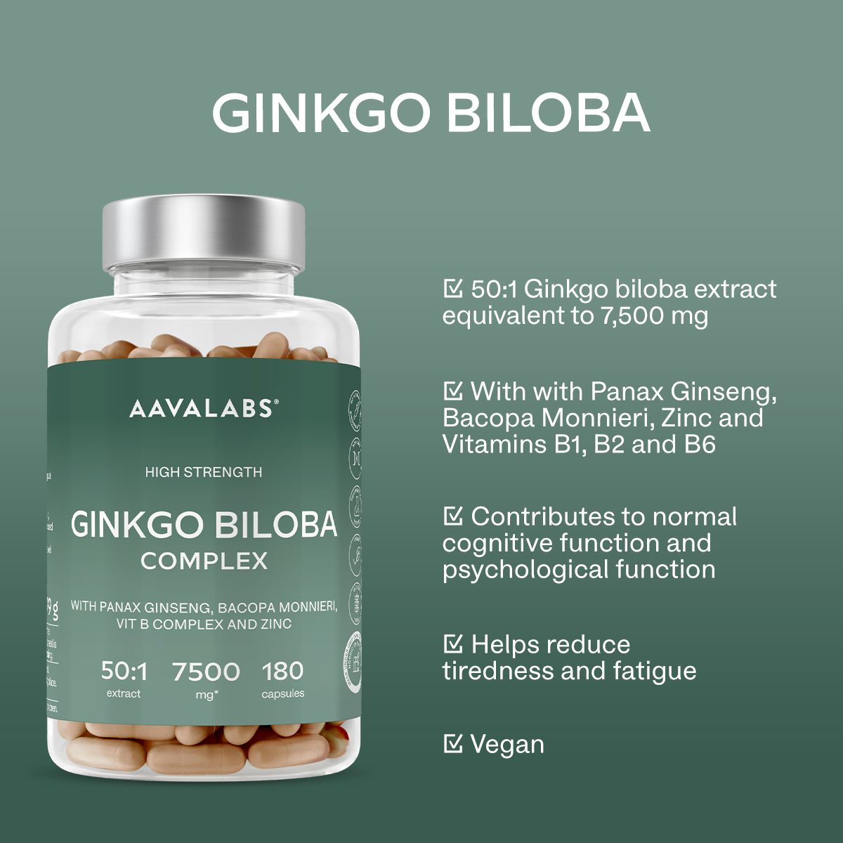 Klare Flasche mit Kapseln. Aufschrift: Aavalabs Ginkgo Biloba Complex. Enthält Bacopa, Ginseng & Vitamin B. Vegan.