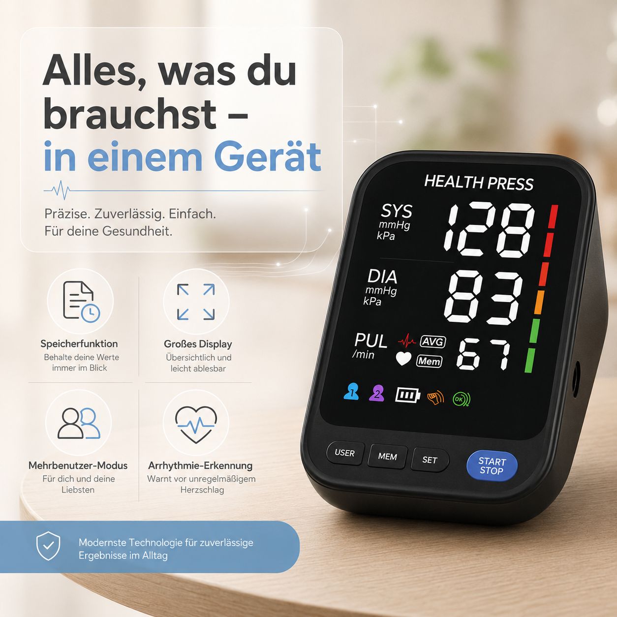 Health Press Blutdruckmessgerät Oberarm – Digitales Blutdruckmessgeraet mit Manschette