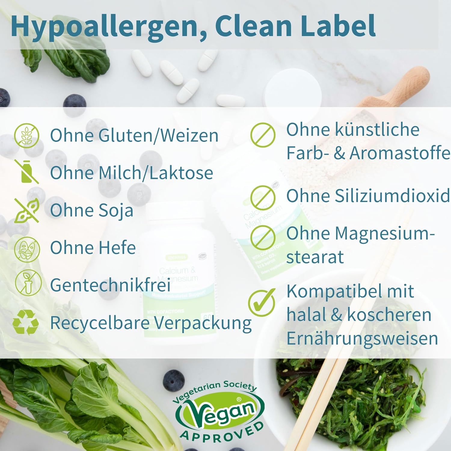 Text und Symbole. Text: Hypoallergen, Clean Label. Symbole: Glutenfrei, vegan, recycelbare Verpackung.
