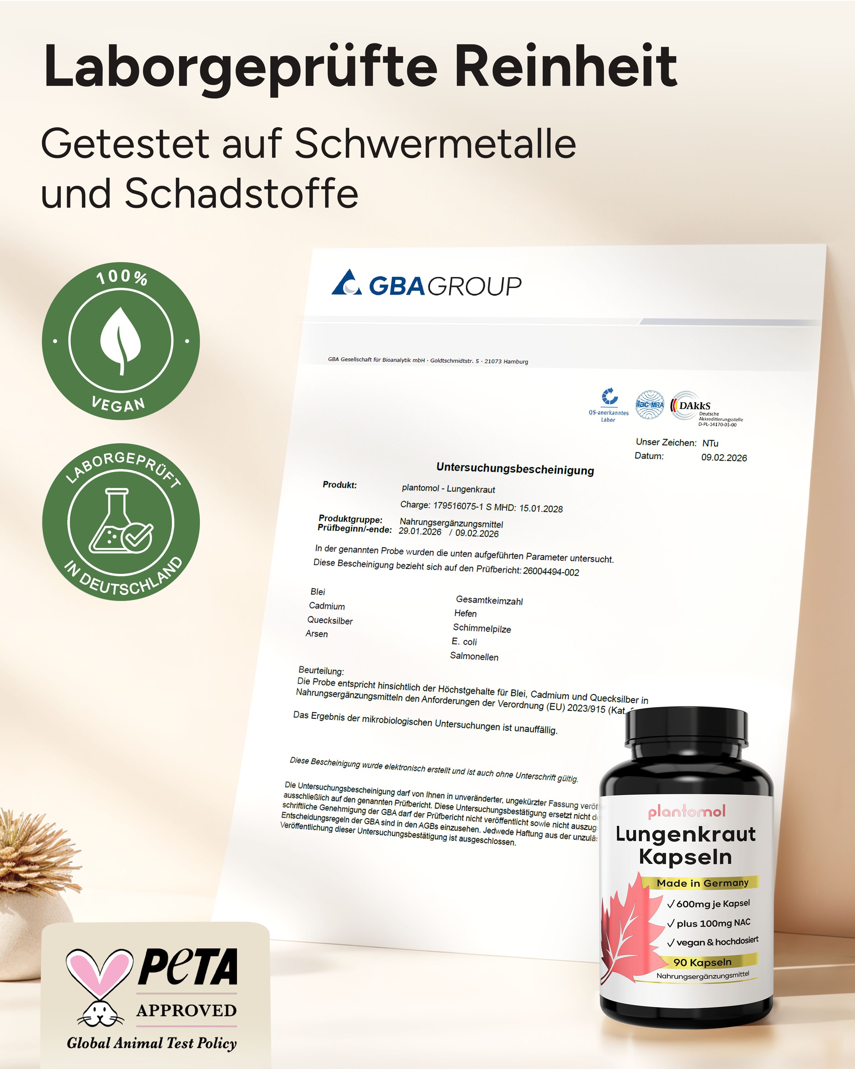 Dokument mit Logo und Flasche. Vegan-Siegel, Laborgeprüft in Deutschland, PETA-Siegel. Flasche: plantomol Lungenkraut Kapseln.