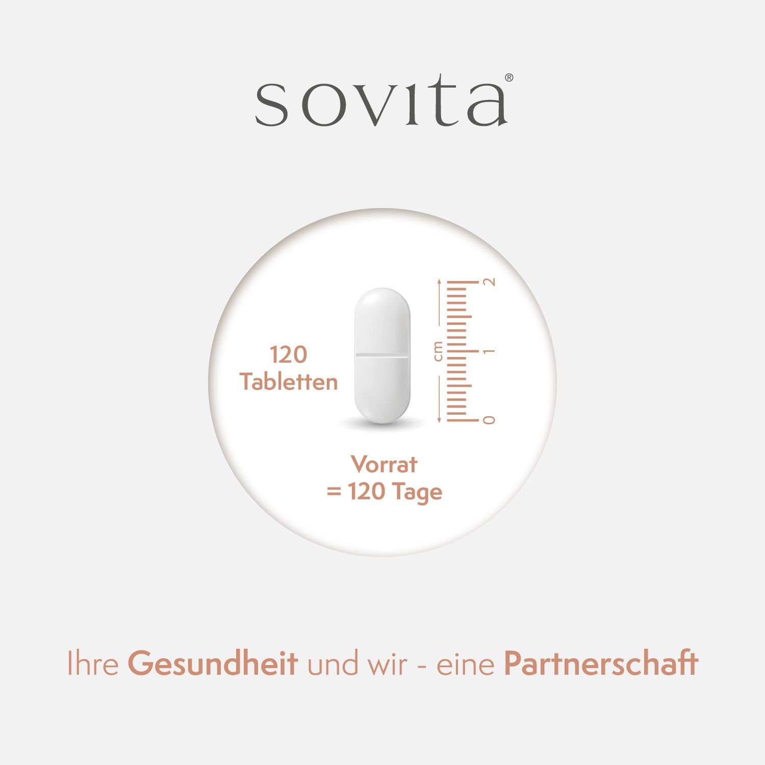 Kapsel mit Maßstab. Text: 120 Tabletten, Vorrat = 120 Tage. SoVita® Logo. Text: Ihre Gesundheit und wir - eine Partnerschaft.
