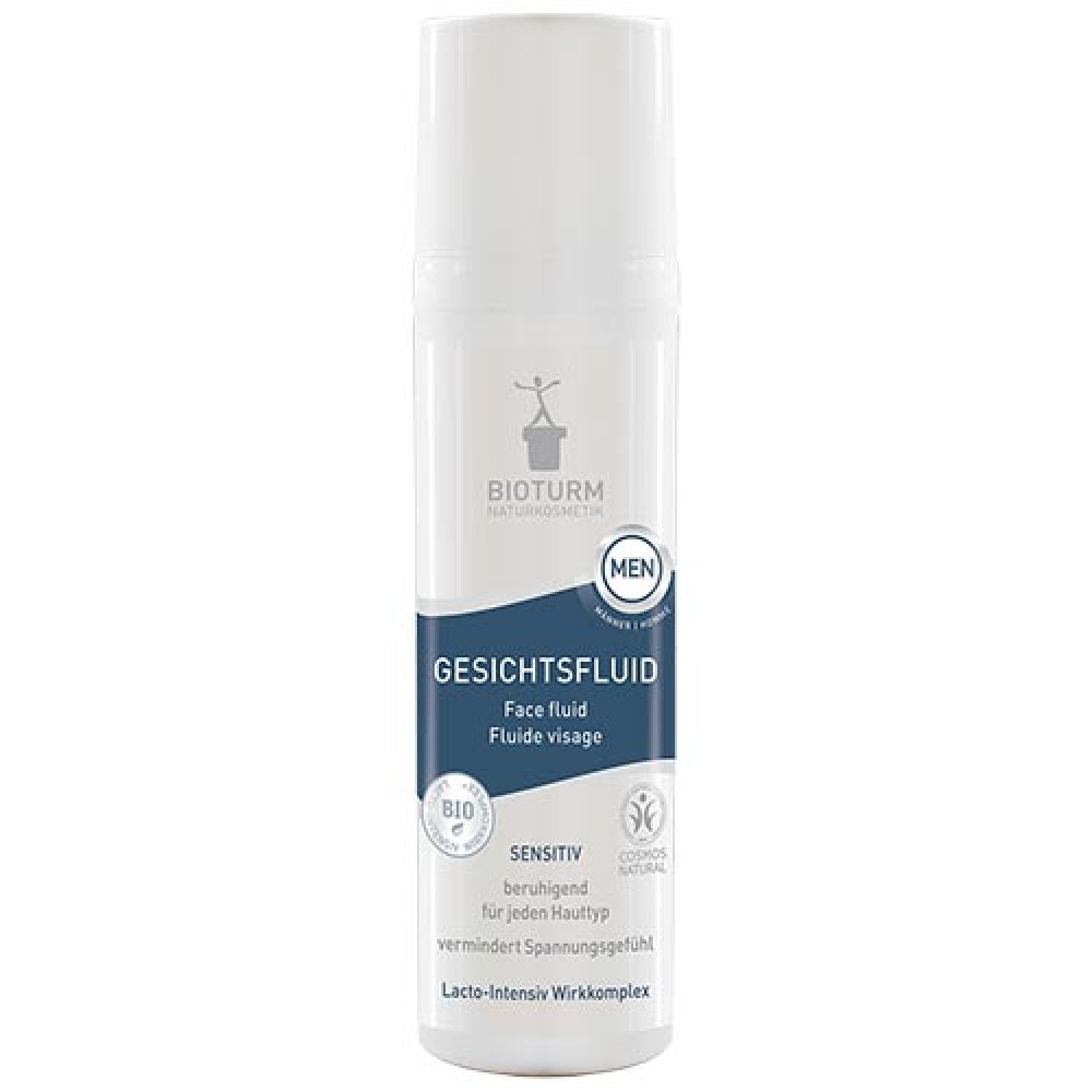 Weiße Flasche Bioturm Gesichtsfluid für Männer. Blaue Schriftfelder mit Produktbezeichnung und weiteren Informationen. Logos und Siegel.
