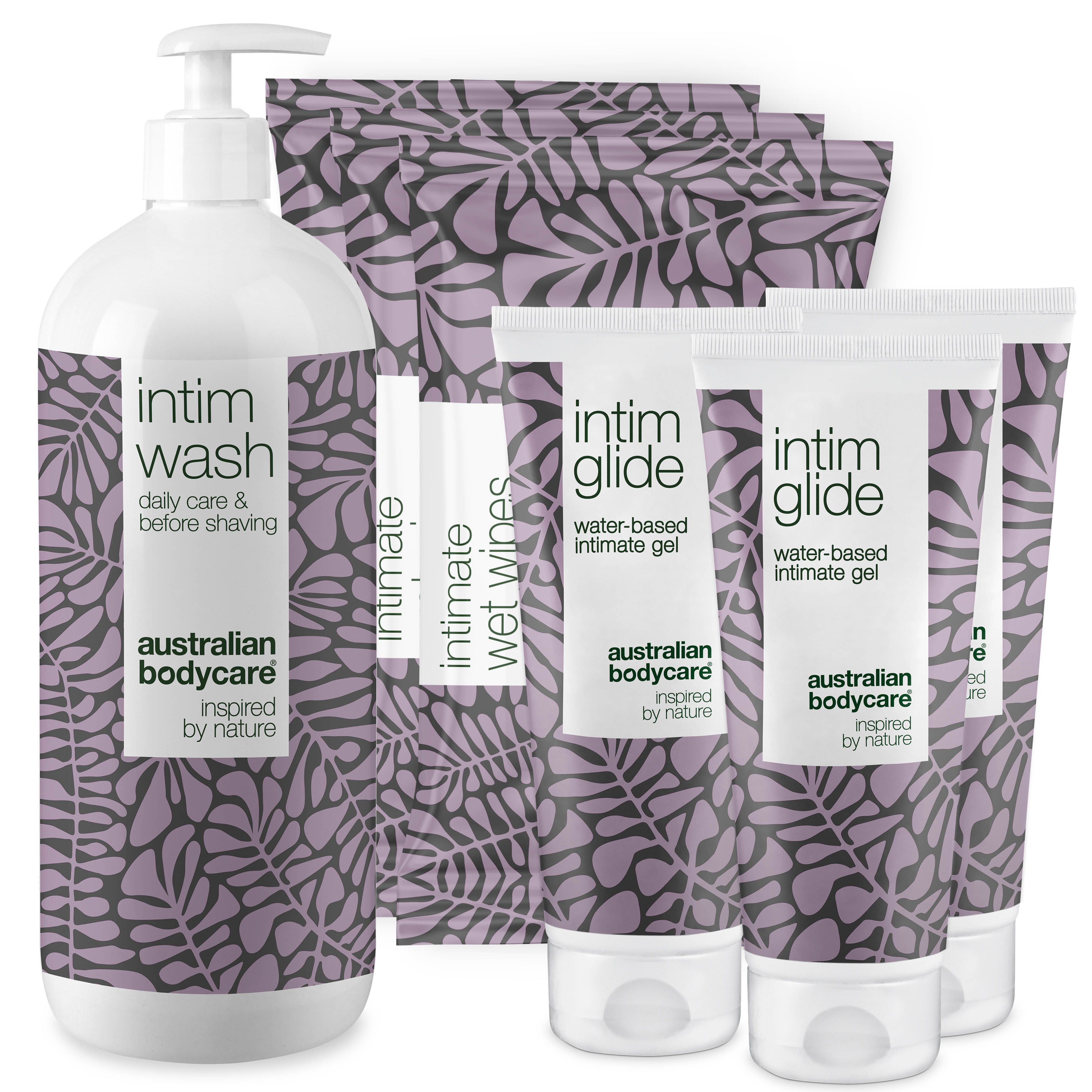 Set Intimpflegeprodukte. Enthält Intim Wash, Intim Glide und Intim Wet Wipes. Verpackung mit Blättermuster.