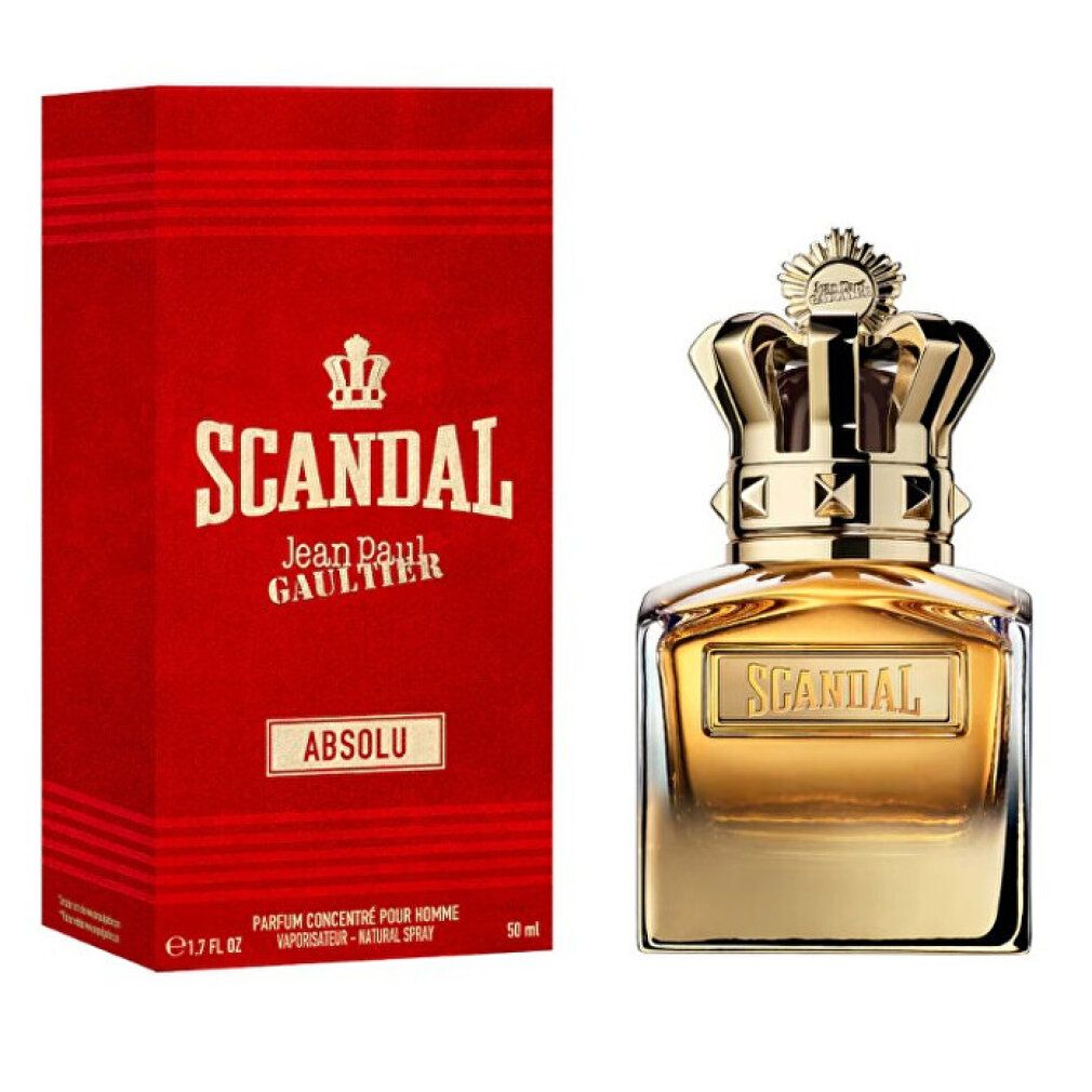 Parfumflakon und rote Verpackung. Flakon mit goldener Krone und Aufschrift "SCANDAL". Verpackung mit "SCANDAL" und "ABSOLU".