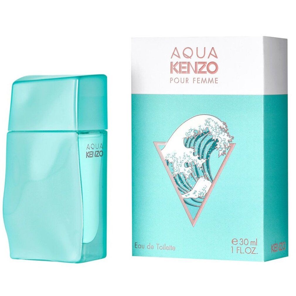 Türkisgrüner Flakon und Verpackung. Aufschrift Aqua Kenzo Pour Femme. Wellenmotiv auf der Verpackung. Eau de Toilette.