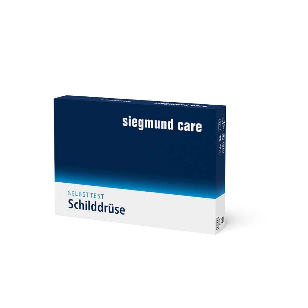 Produktverpackung für einen Schilddrüsen-Selbsttest. Blaue Schachtel mit weißer Schrift und Logo.