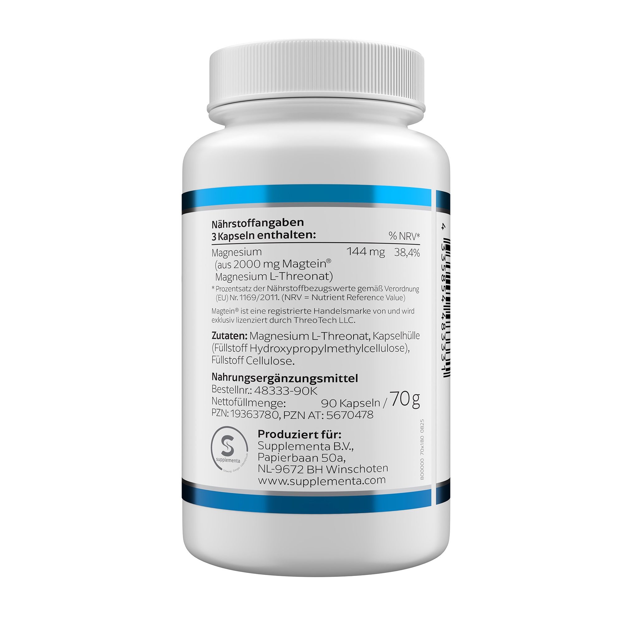 Rückseite der weißen Flasche mit blauer Beschriftung. Nährwertangaben, Zutaten, Herstellerinformationen. 70g.