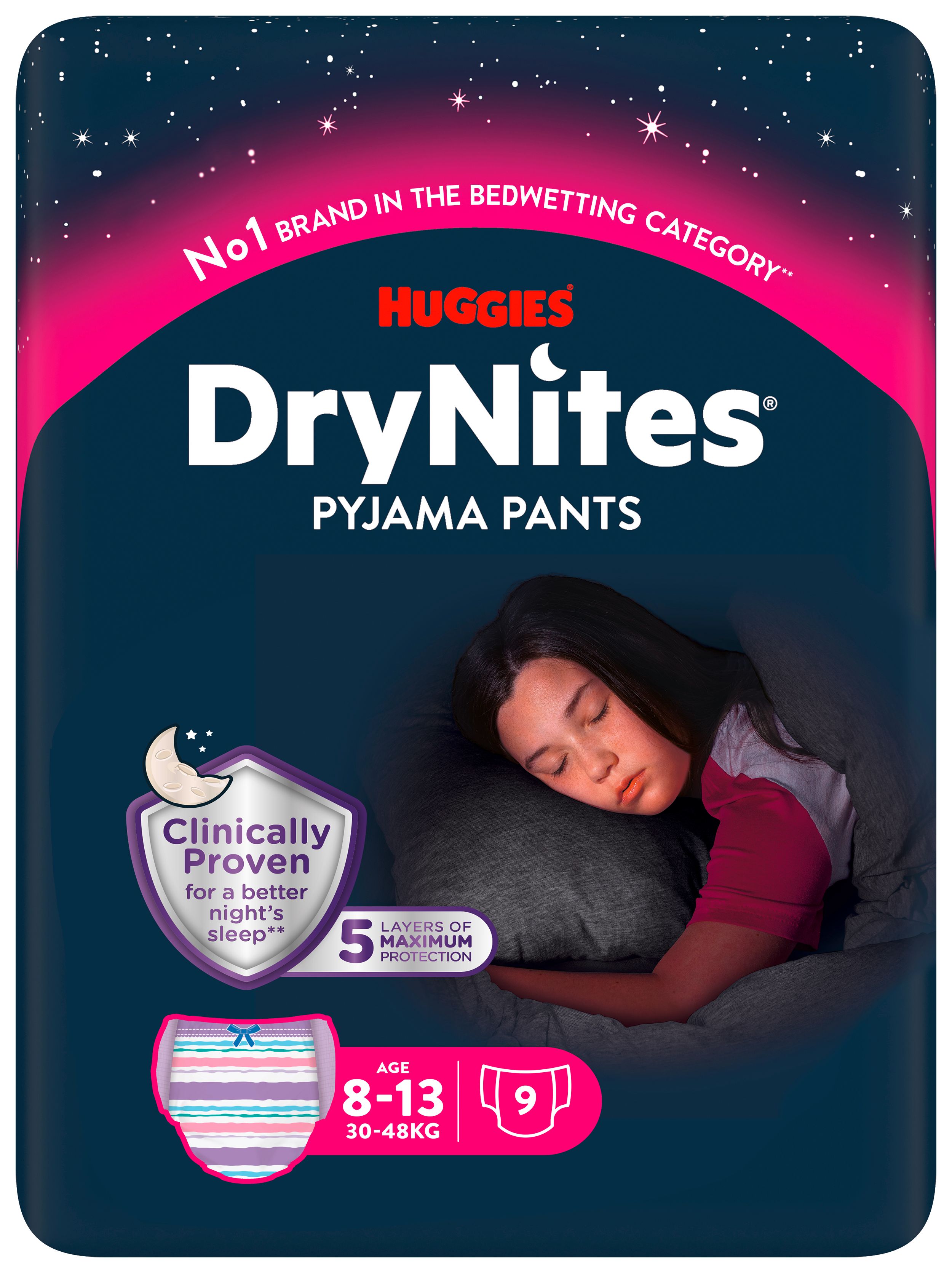 Huggies DryNites Pyjama Pants, Mädchen, 8-13 Jahre. Packung mit 9 Stück. 5 Schutzschichten. Klinisch erwiesen für besseren Schlaf. Nachtmotiv.